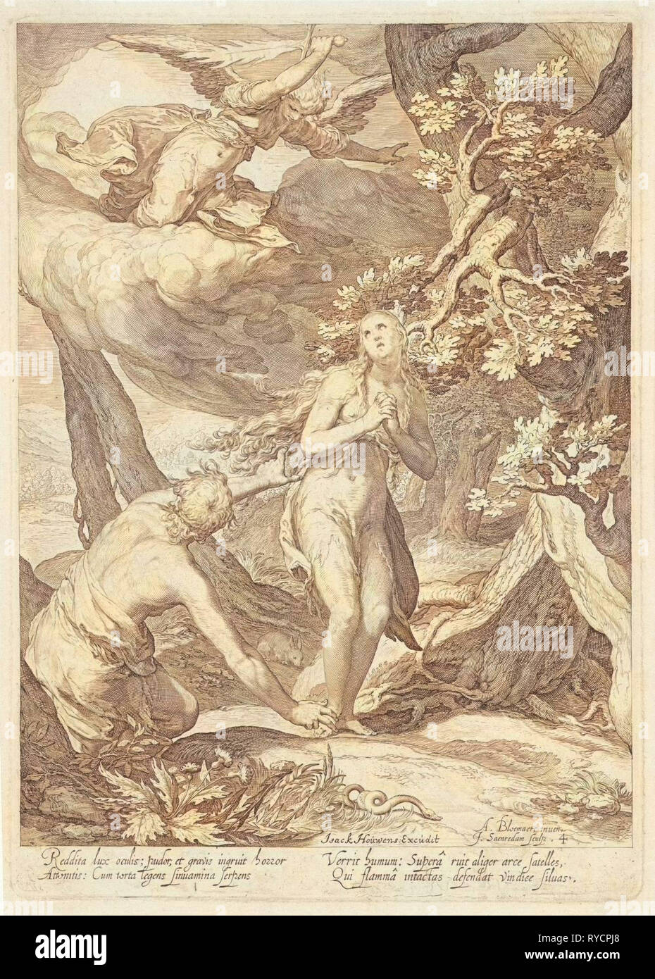 Adam et Ève sont chassés par l'ange avec l'épée flamboyante du paradis terrestre, en plus de l'introduction d'un serpent, imprimer bouilloire : Jan Saenredam (mentionné sur l'objet), datant de 1604 et/ou 1690 - 1750 Banque D'Images