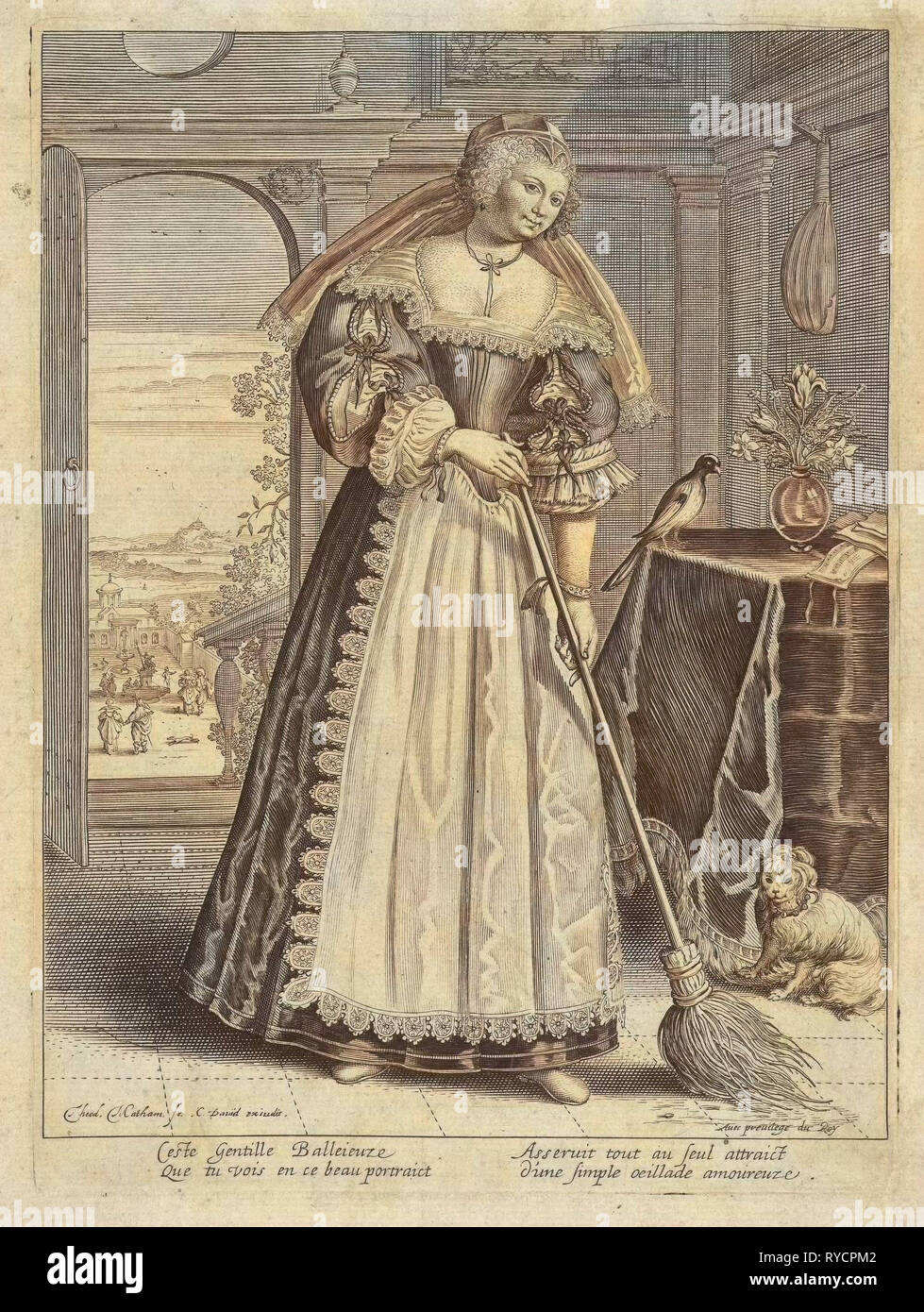 Femme avec balai dans un intérieur, sans titre by Munier, C. David, Lodewijk XIII koning van Frankrijk, 1627 - 1629 Banque D'Images