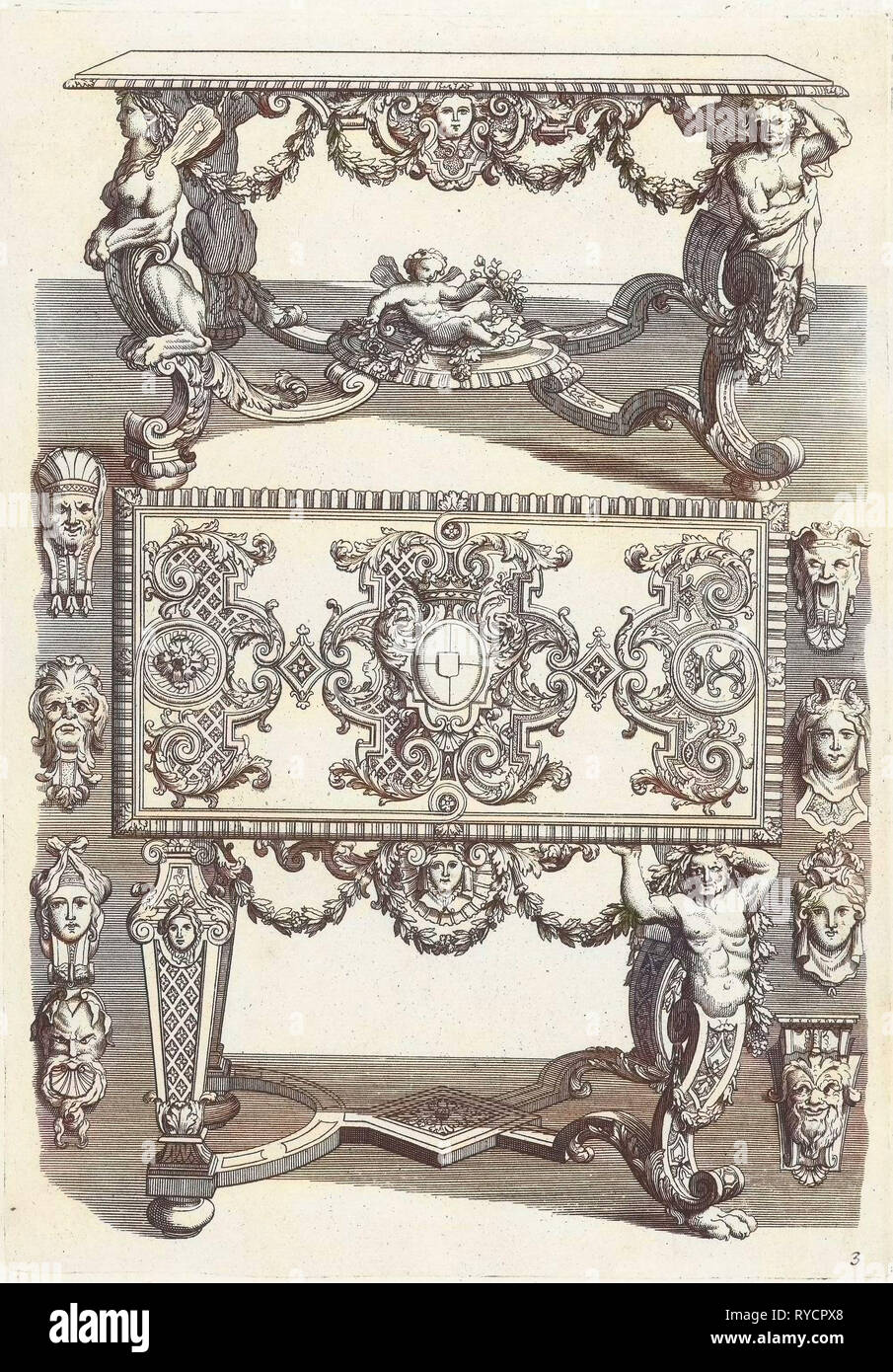 Le tableau supérieur est représenté en perspective, avec la partie inférieure de la table se trouve illustré à la verticale, sur les deux côtés quatre masques sont indiqués, Daniël Marot (I), datant après 1703 - avant 1800 Banque D'Images