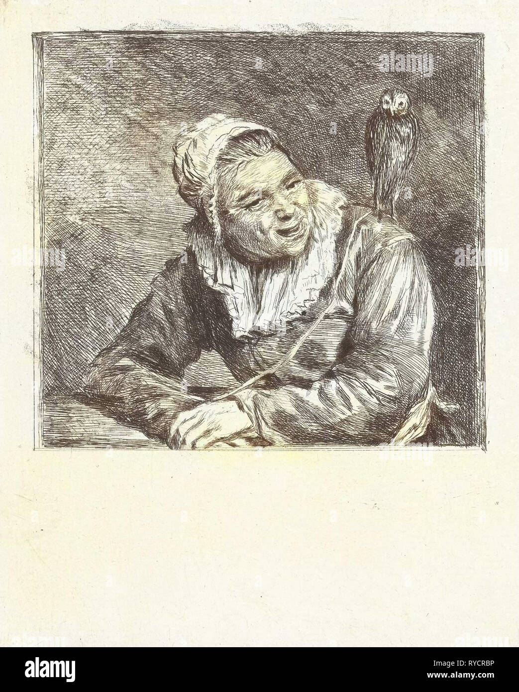 Buste d'une jeune femme souriante avec capuchon blanc et col, sur son épaule est un hibou, imprimer bouilloire : Louis Bernard Coclers, Dating 1756 - 1817 Banque D'Images