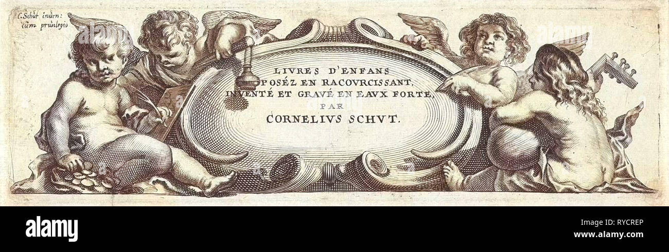 Quatre putti autour d'un cartouche d'impression, bouilloire : Anonyme, Cornelis Schut J, inconnu, 1618 - 1705 Banque D'Images