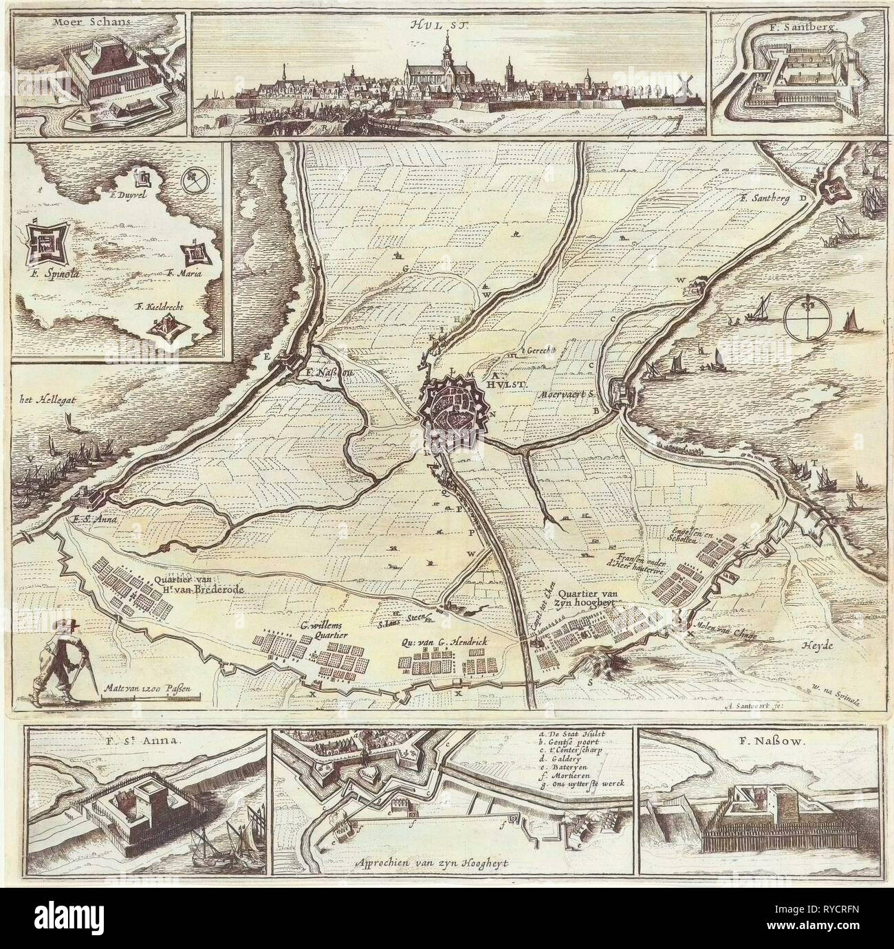 Siège et conquête de Hulst par les forces militaires dans le cadre de Frederik Hendrik du 28 septembre et 5 novembre 1645, un plan central d'Hulst et la terre environnante à l'encerclement et les camps militaires des assiégeants, imprimer bouilloire : Abraham Santvoort Dircksz (mentionné sur l'objet), qui date 1645 Banque D'Images