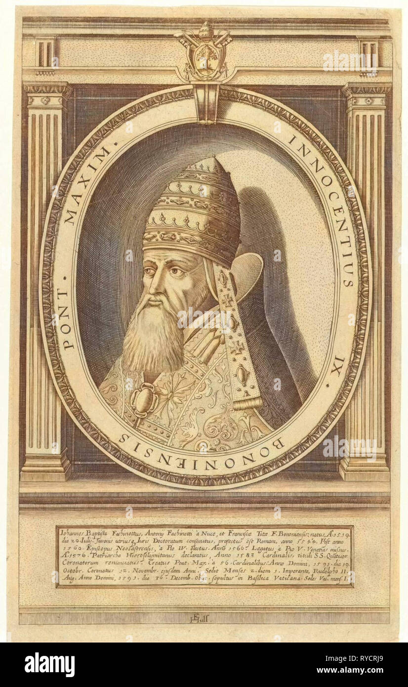 Portrait du pape Innocent IX vêtu de robes papale, la tête ornée de la tiare papale, buste laissé dans un cadre ovale avec l'inscription et l'illustre ses armoiries papales, imprimer bouilloire : Friedrich van Hulsen (mentionné sur l'objet), datant de 1590 - 1665 Banque D'Images