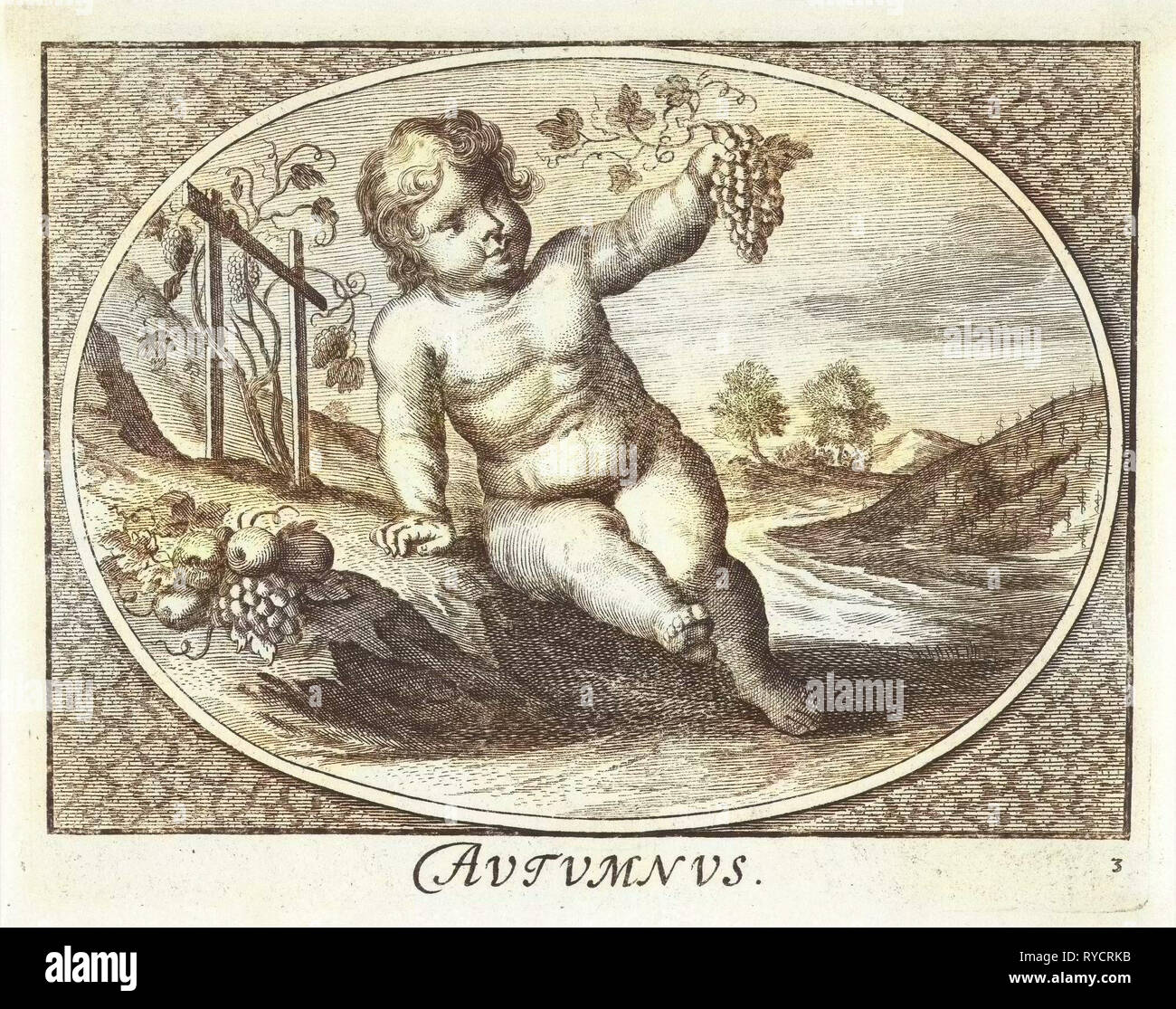 Automne en forme d'enfant avec des raisins et des fruits dans une forme ovale, Cornelis van Dalen II, imprimer bouilloire : Anonyme, Joh. Christoph Schmidhammer, 1735 - 1750 Banque D'Images