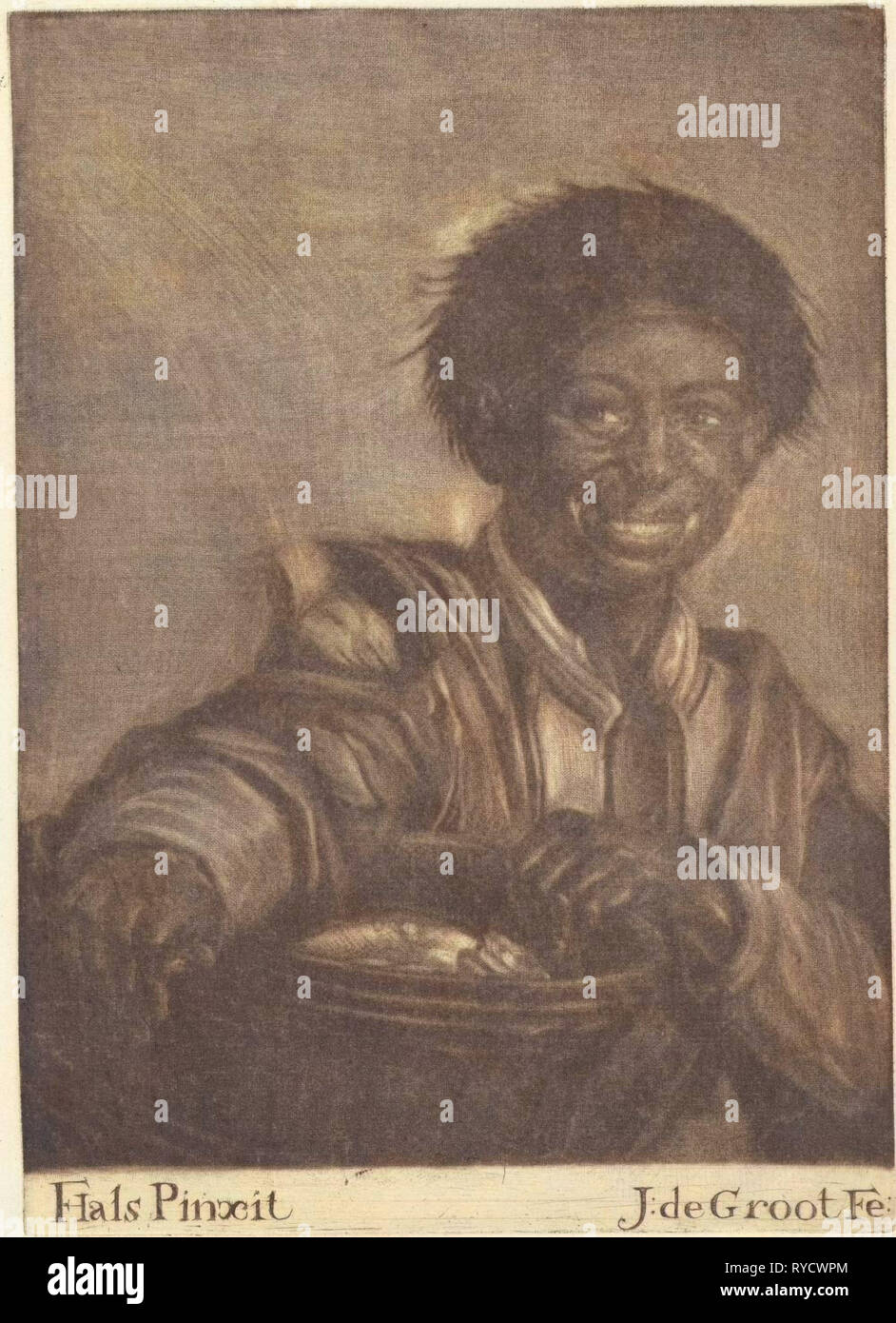 Smiling boy avec un seau de poissons, Jan de Groot, 1698 - 1776 Banque D'Images