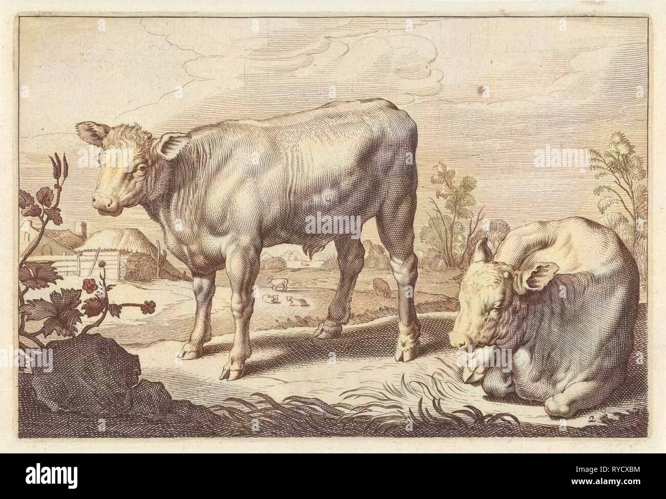 Pâturage avec deux taureaux, Reinier van Persijn, Jacob Gerritsz Cuyp, Nicolaes Visscher (I), 1641 Banque D'Images
