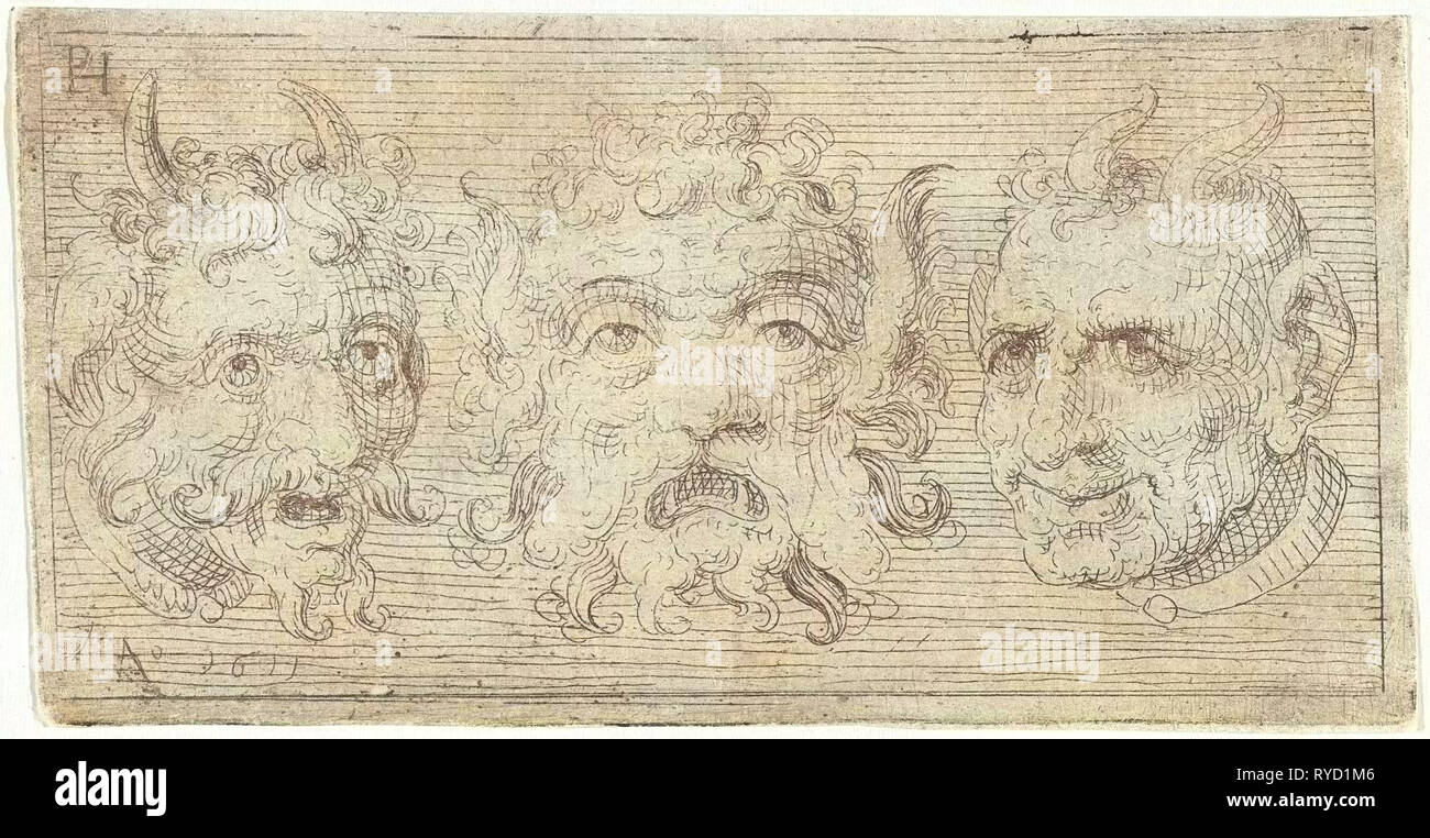 Trois masques, avec deux cornes, Pieter Feddes Van Harlingen, 1611 Banque D'Images