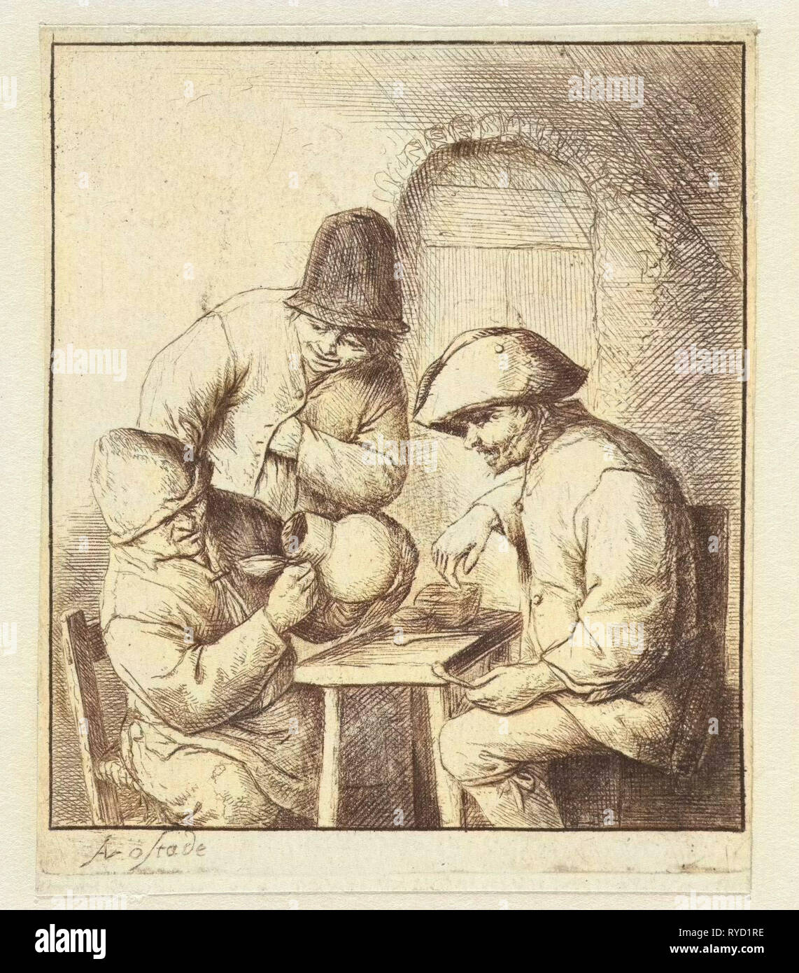 L'homme semble en carafe vide, deux hommes watch, Adriaen van Ostade, 1651 - 1655 Banque D'Images