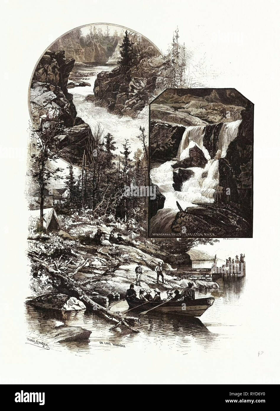 Muskoka Décors : Giant's Causeway, Minnehana Falls, squelette, rivière du Canada, gravure du xixe siècle Banque D'Images