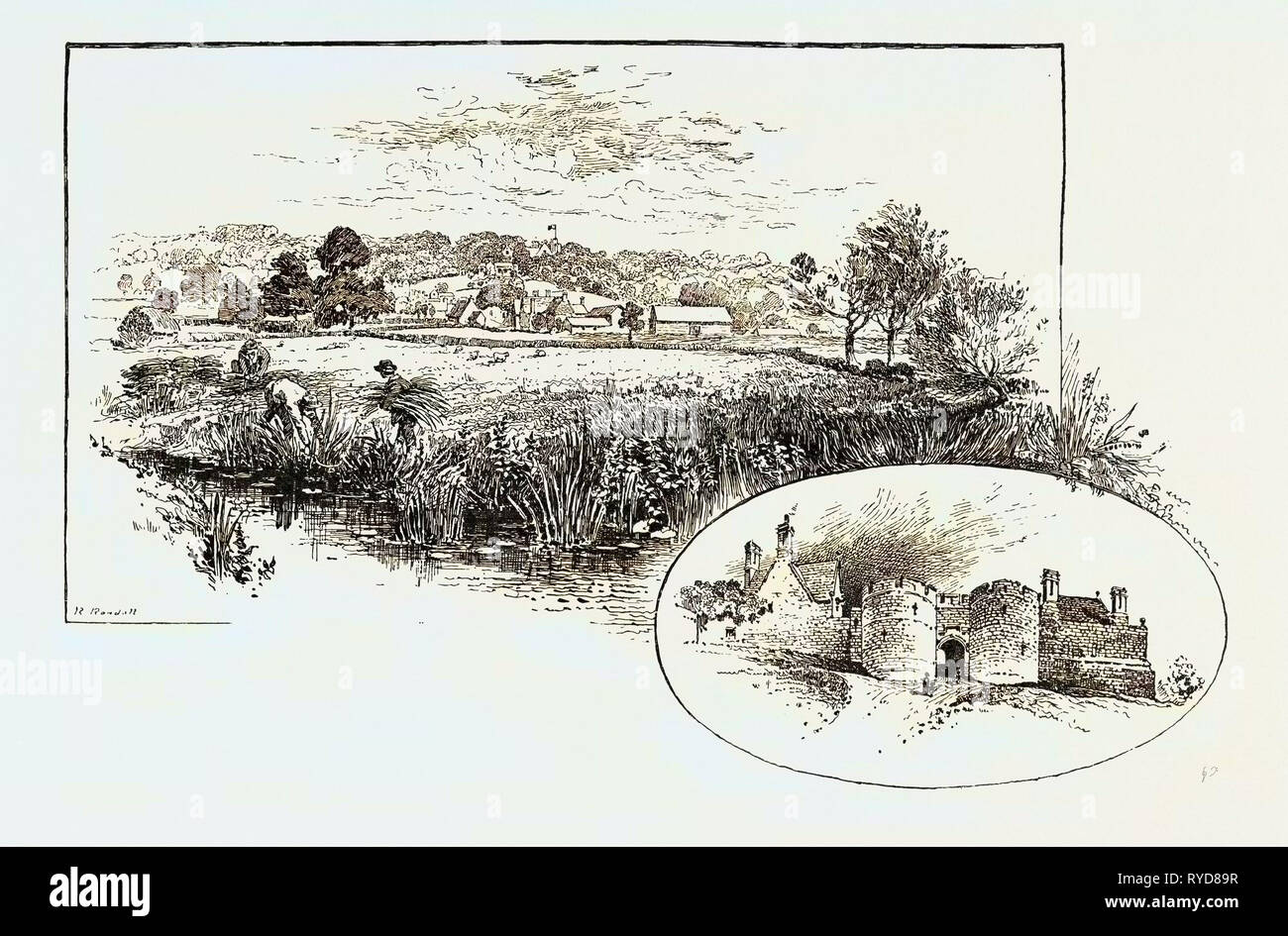 Village et château de Rockingham (à gauche), la passerelle du château (à droite), au Royaume-Uni. Rockingham est un village et une paroisse civile dans le quartier de Corby Northamptonshire, en Angleterre. Le château de Rockingham est un ancien château royal et le pavillon de chasse à Rockingham Forest un mile au nord de Corby, Northamptonshire Banque D'Images