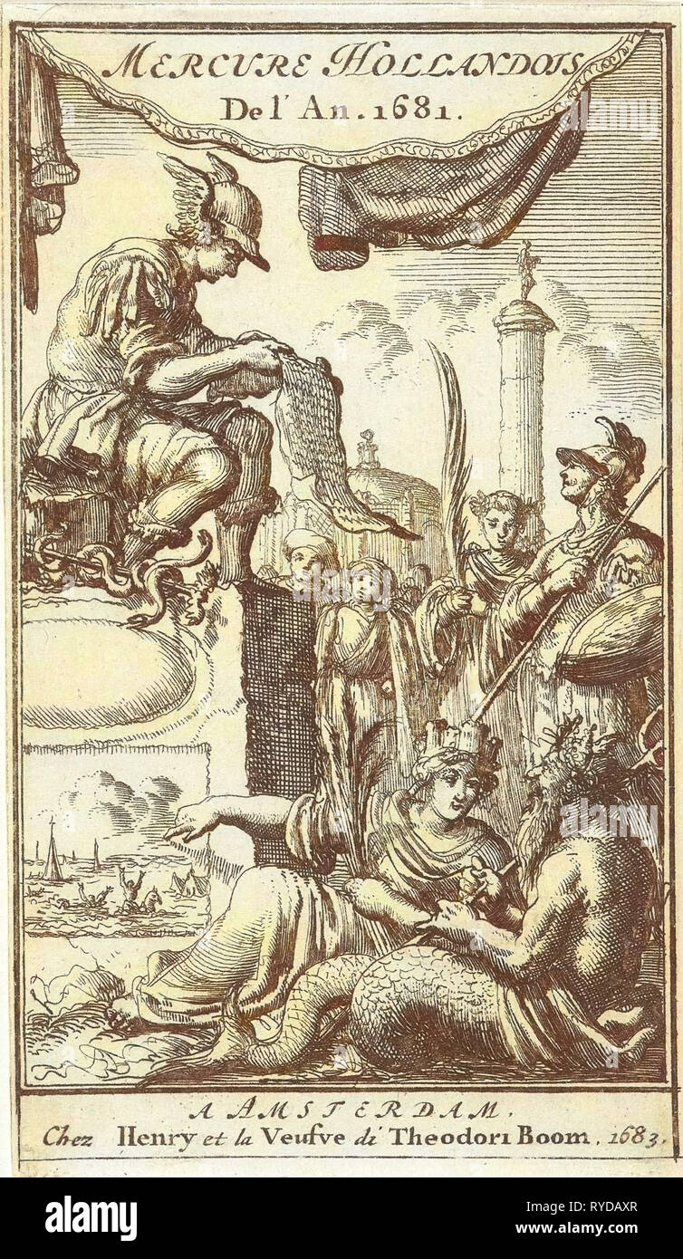 Le mercure se lit un document, Jan Luyken, Hendrick Boom, Dirk flèche (JE, tue.), 1681 Banque D'Images