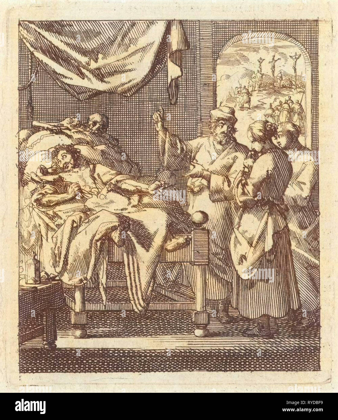 Trois personnes à un malade, derrière la personne malade semble mort, Jan Luyken, mer. Pieter Arentsz (II), 1689 Banque D'Images