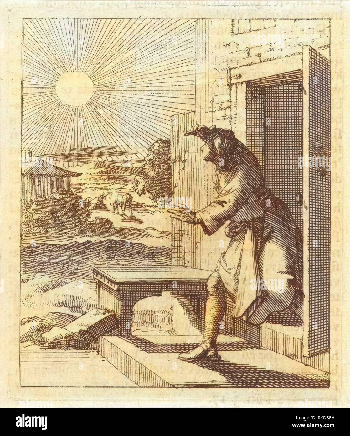 L'homme protège ses yeux du soleil lorsqu'il marche, Jan Luyken, mer. Pieter Arentsz (II), 1689 Banque D'Images