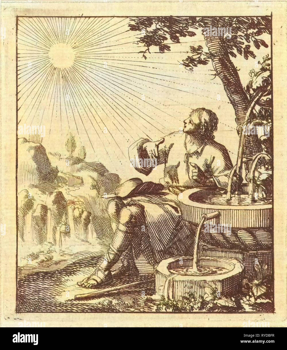 L'homme assis à côté d'une fontaine, en contemplant le soleil, Jan Luyken, mer. Pieter Arentsz (II), 1689 Banque D'Images