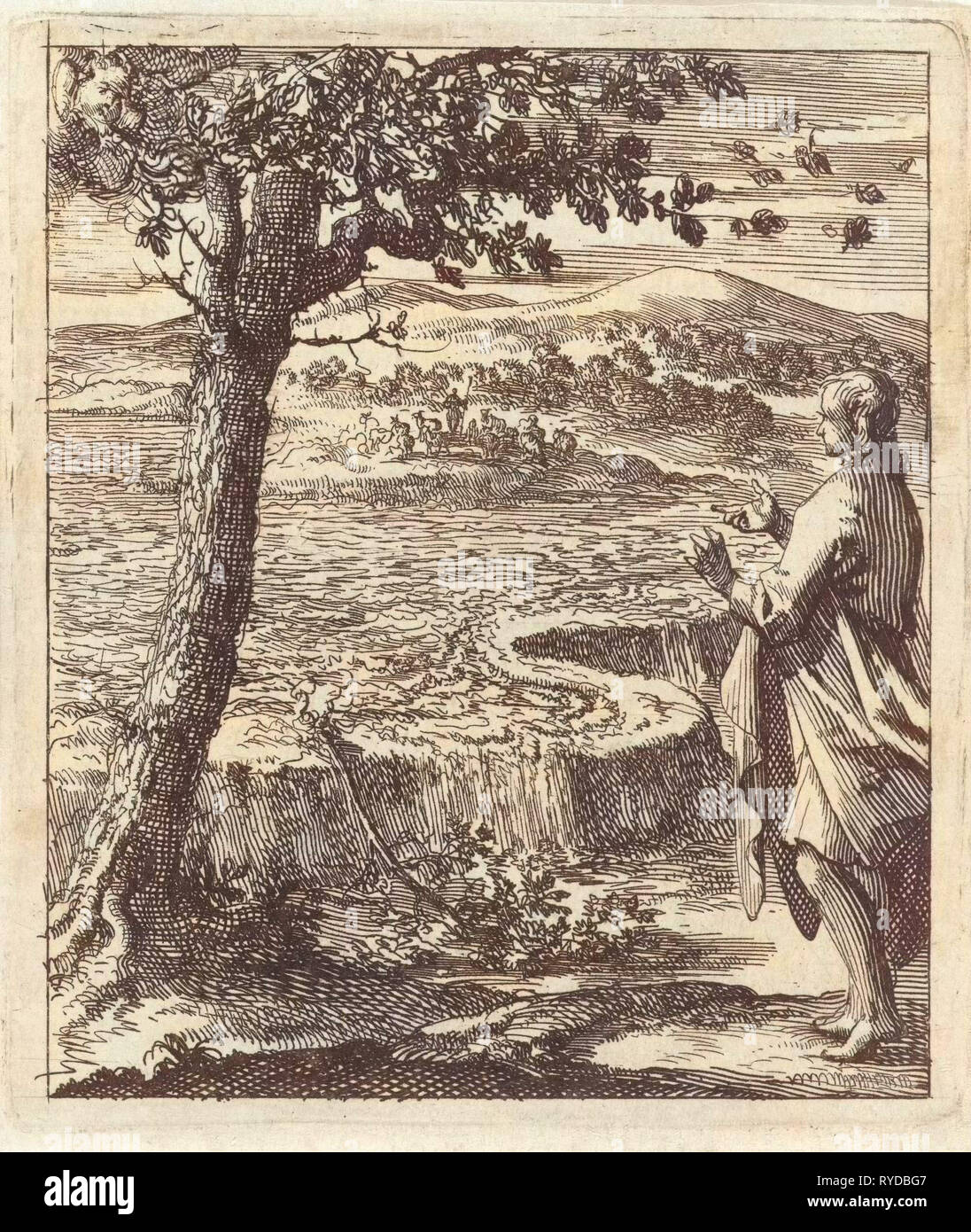 Un homme est témoin d'une rupture de digues, Jan Luyken, mer. Pieter Arentsz (II), 1689 Banque D'Images