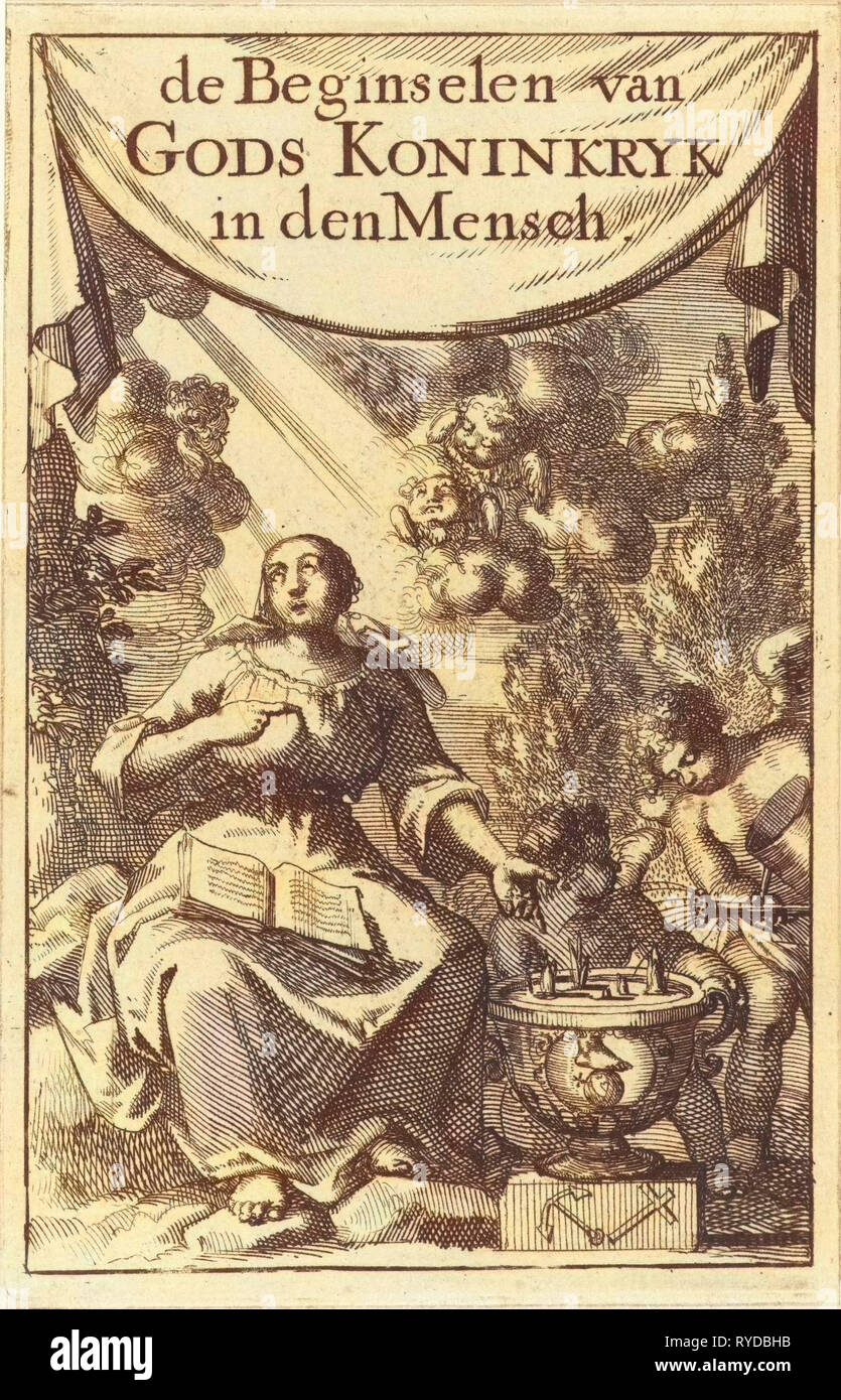 Femme assise en pointant sur un vase dans lequel poussent les plantes, Jan Luyken, mer. Pieter Arentsz (II), 1689 Banque D'Images