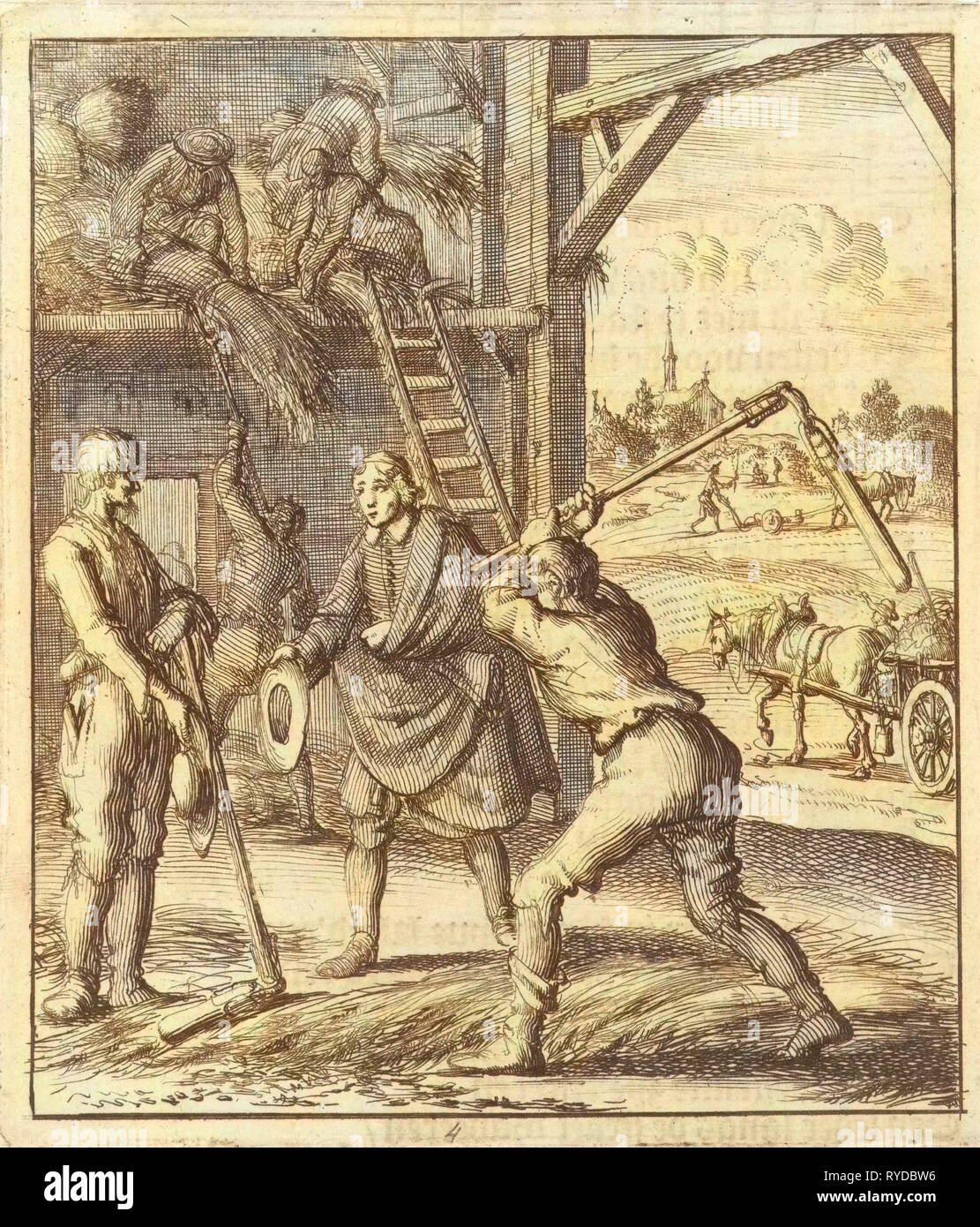 L'écrivain William visites d'obturation deux agriculteurs dans une grange de battage, Jan Luyken, Gerbrandt Schagen, 1687 Banque D'Images