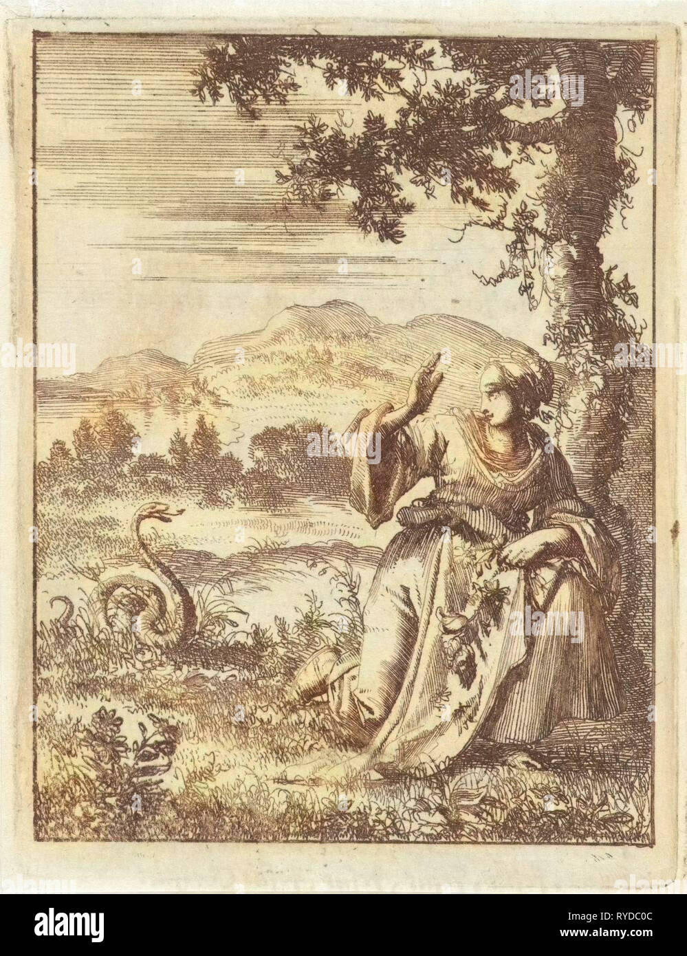 Une femme choisir une fleur attaqué par un serpent, Jan Luyken, Pieter Arentsz II, 1687 Banque D'Images