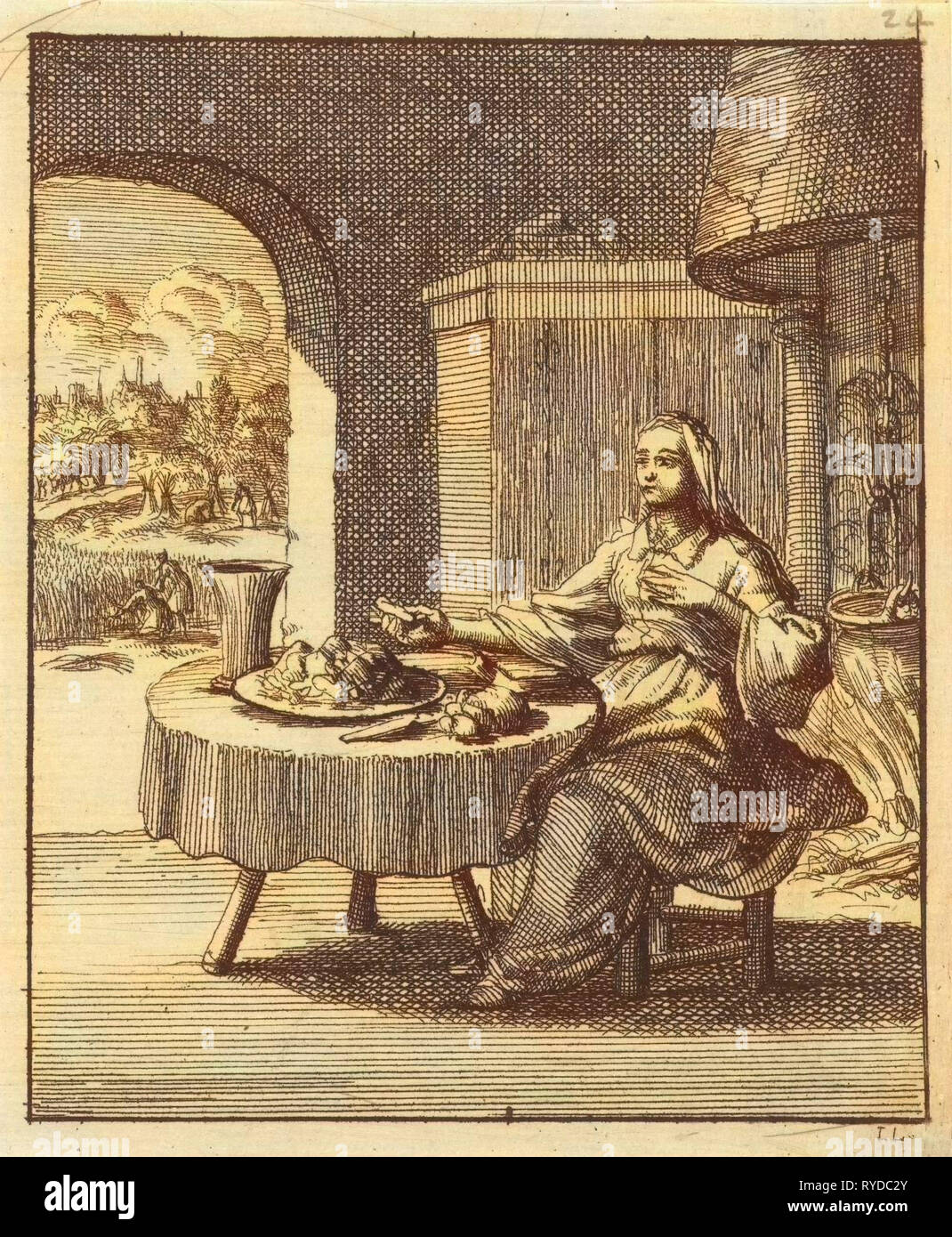 Femme de manger à une table, Jan Luyken, Pieter Arentsz (II), 1687 Banque D'Images