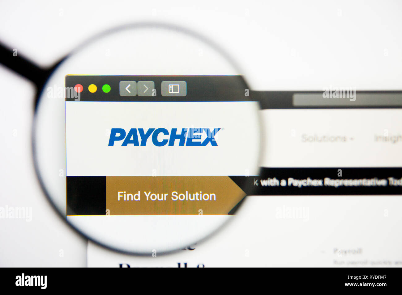 Los Angeles, Californie, USA - 28 Février 2019 : Paychex accueil du site. Logo Paychex visible sur l'écran d'affichage, de rédaction d'illustration Banque D'Images