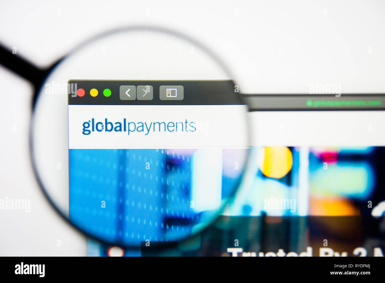 Los Angeles, Californie, USA - 28 Février 2019 : Global Payments accueil du site. Logo de Global Payments visible sur l'écran d'affichage, d'illustration Banque D'Images