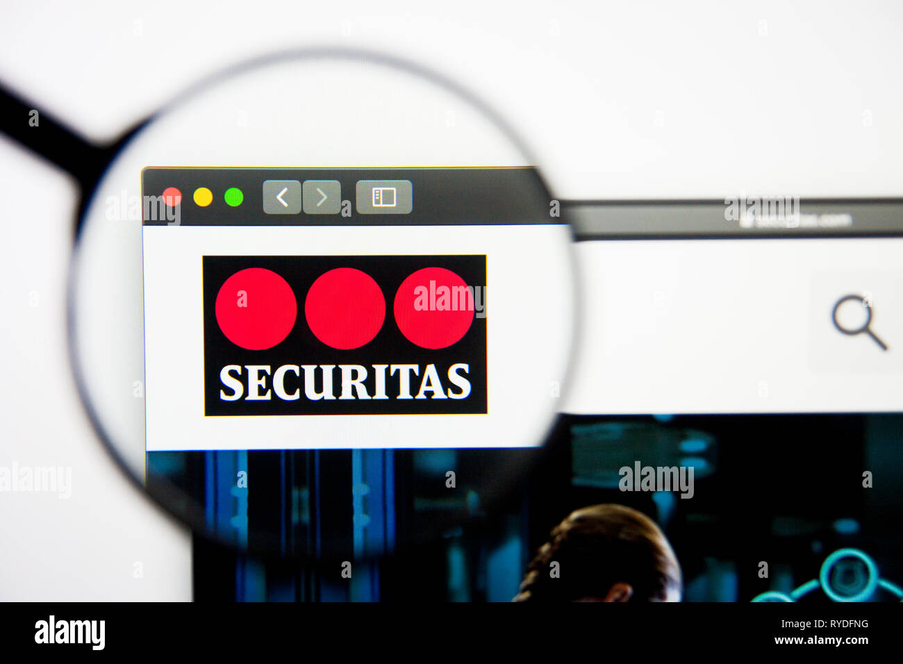 Los Angeles, Californie, USA - 28 Février 2019 : Securitas accueil du site. Logo Securitas visible sur l'écran d'affichage, de rédaction d'illustration Banque D'Images