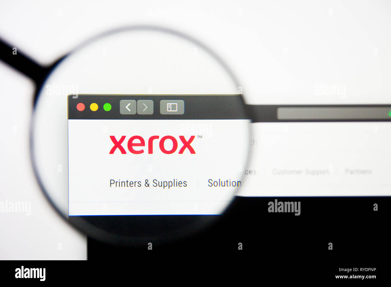 Los Angeles, Californie, USA - 28 Février 2019 : Xerox Page d'accueil du site. Logo xerox visible sur l'écran d'affichage, de rédaction d'illustration Banque D'Images