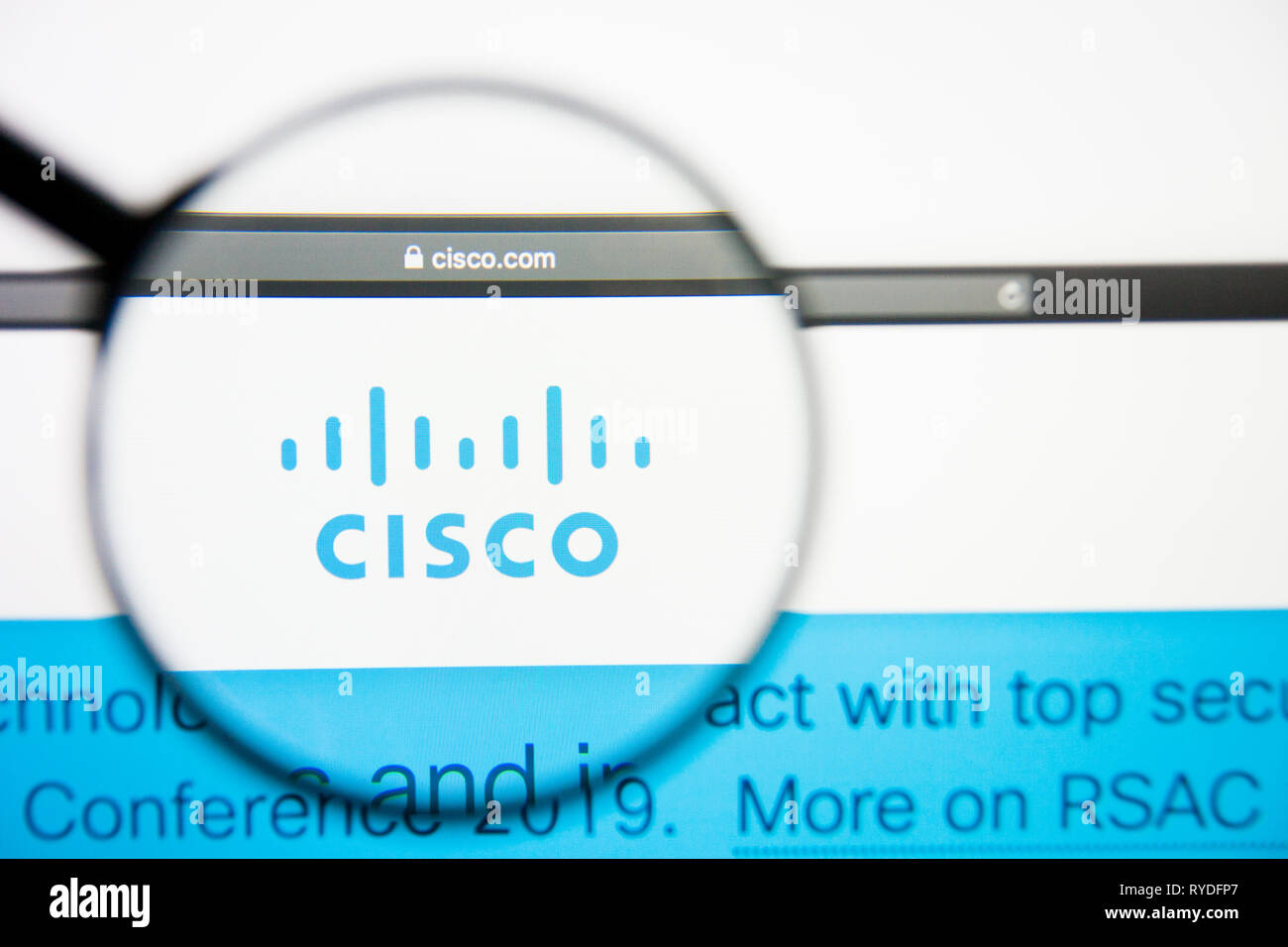 Los Angeles, Californie, USA - 5 mars 2019 : Cisco Systems Page d'accueil du site. Logo Cisco Systems visible sur l'écran d'affichage, de rédaction d'illustration Banque D'Images