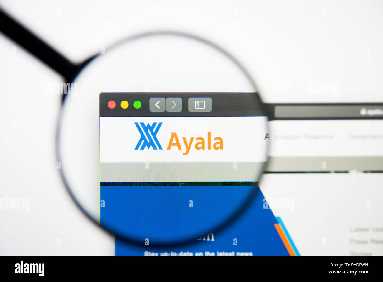 Los Angeles, Californie, USA - 5 mars 2019 : Ayala accueil du site. Logo Ayala visible sur l'écran d'affichage, de rédaction d'illustration Banque D'Images
