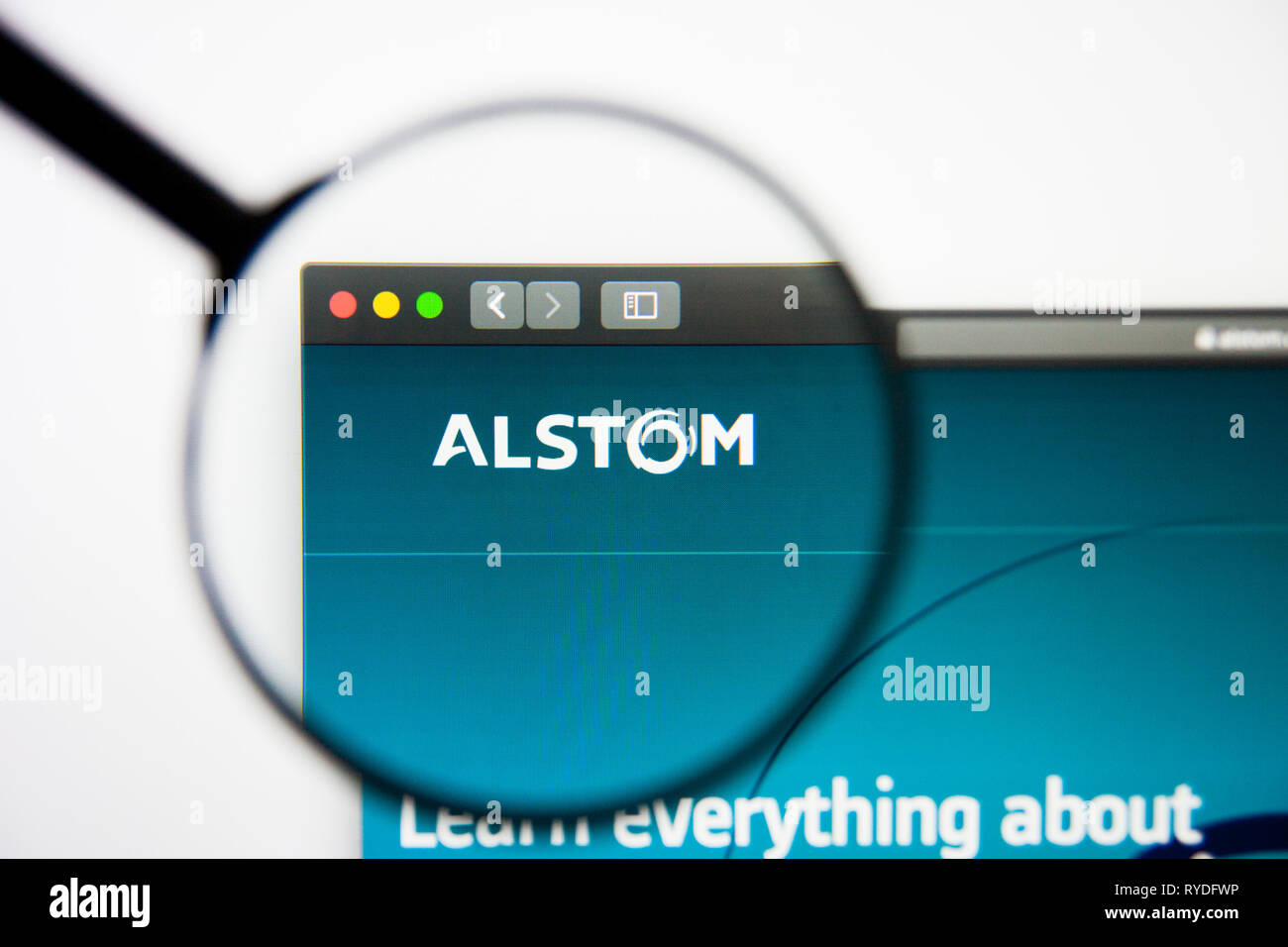 Los Angeles, Californie, USA - 5 mars 2019 : Alstom accueil du site. Logo Alstom visible sur l'écran d'affichage, de rédaction d'illustration Banque D'Images