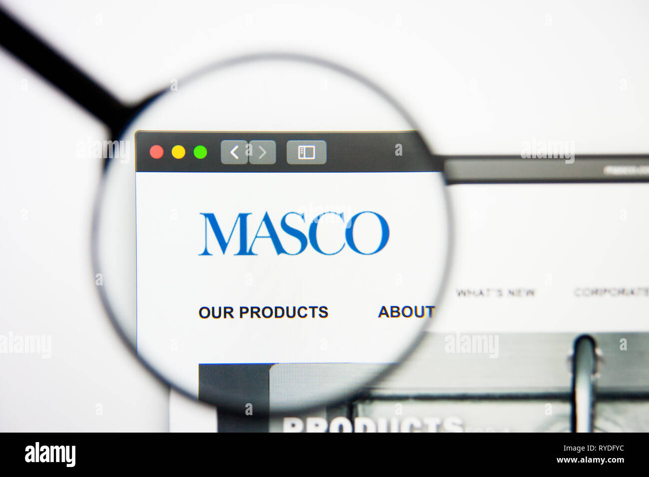 Los Angeles, Californie, USA - 5 mars 2019 : Masco accueil du site. Logo Masco visible sur l'écran d'affichage, de rédaction d'illustration Banque D'Images