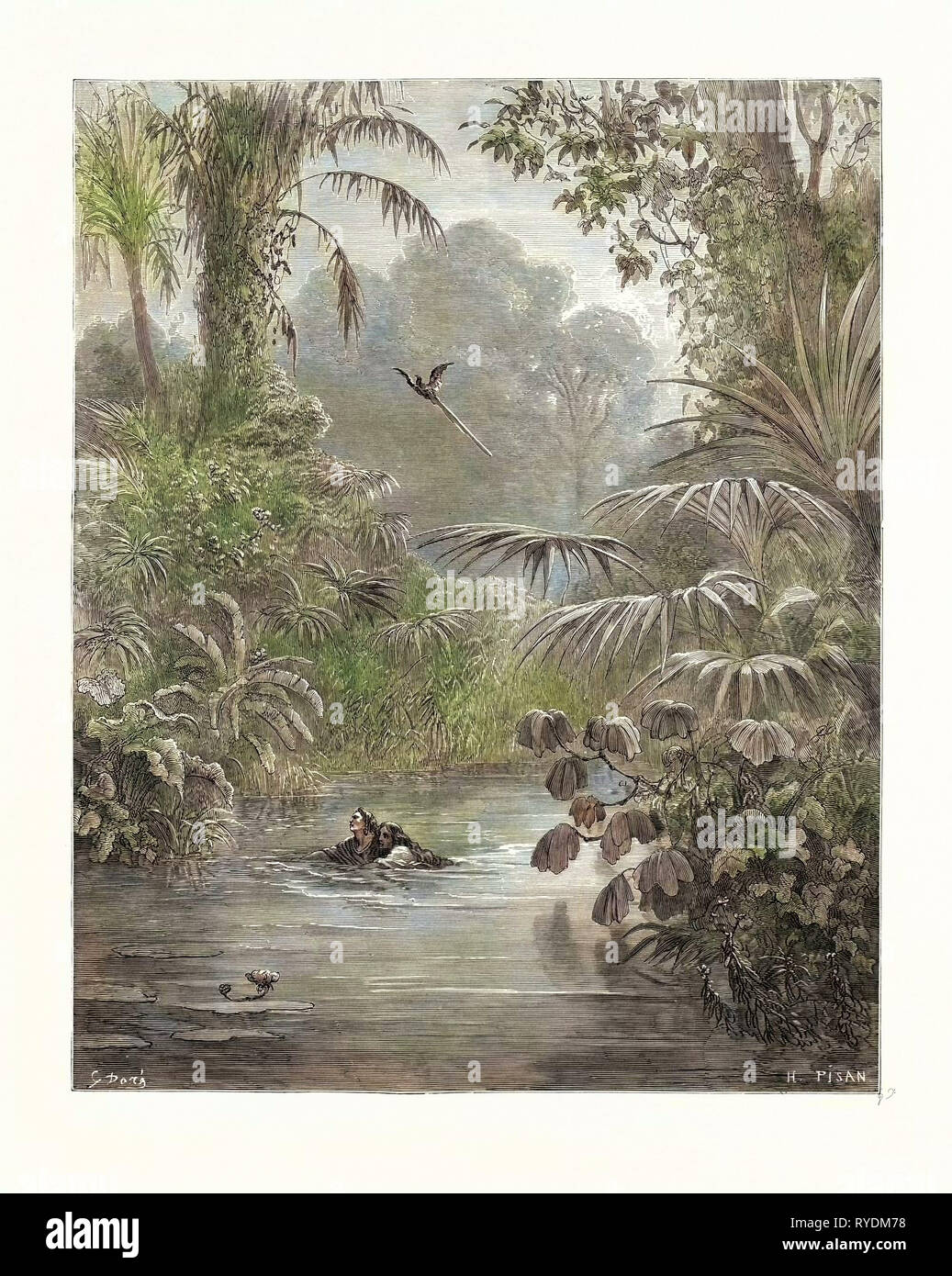L'Atala et Chactas traversant une rivière, par Gustave Dore, 1832 - 1883, Français. Pour la gravure par Chateaubriand Atala, 1870, Art, artiste, romantisme, gravure couleur, couleur Banque D'Images