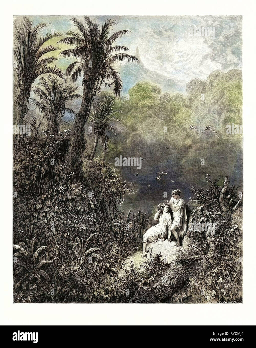 Les toilettes dans le désert, par Gustave Doré, 1832 - 1883, Français. Gravure de l'Atala par Chateaubriand. 1870, Art, artiste, romantisme, gravure couleur, couleur Banque D'Images