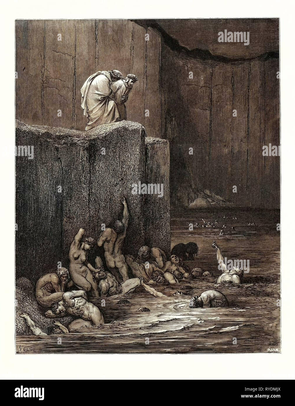 La punition de flatteurs, par Gustave Doré, 1832 - 1883, Français. Gravure pour la Divine Comédie, Divina Commedia, par Dante. 1870, Art, artiste, romantisme, gravure couleur, couleur Banque D'Images