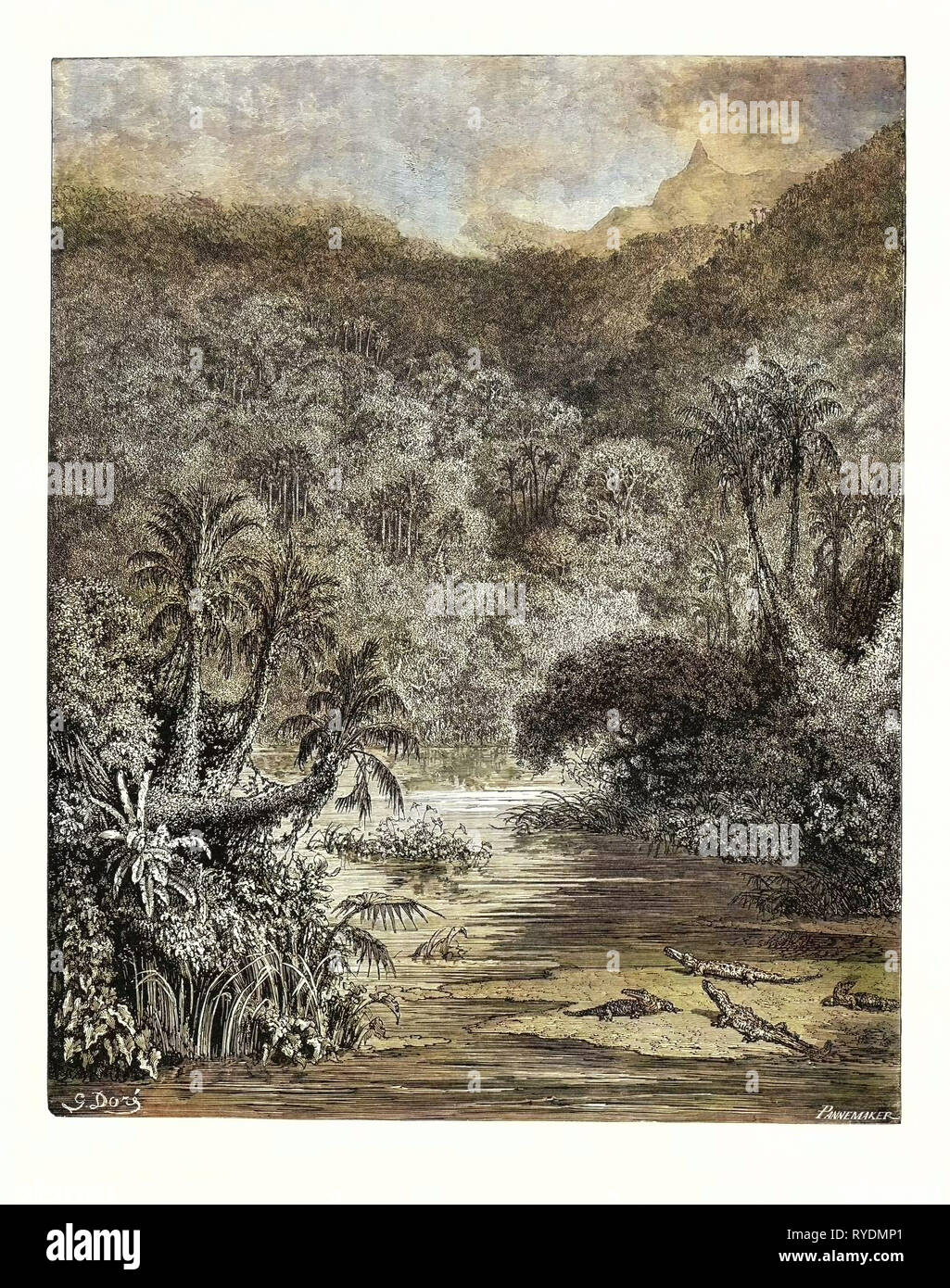 Paysage sur le Mississippi, par Gustave Doré, 1832 - 1883, Français. Gravure de l'Atala par Chateaubriand. 1870, Art, artiste, romantisme, gravure couleur, couleur Banque D'Images