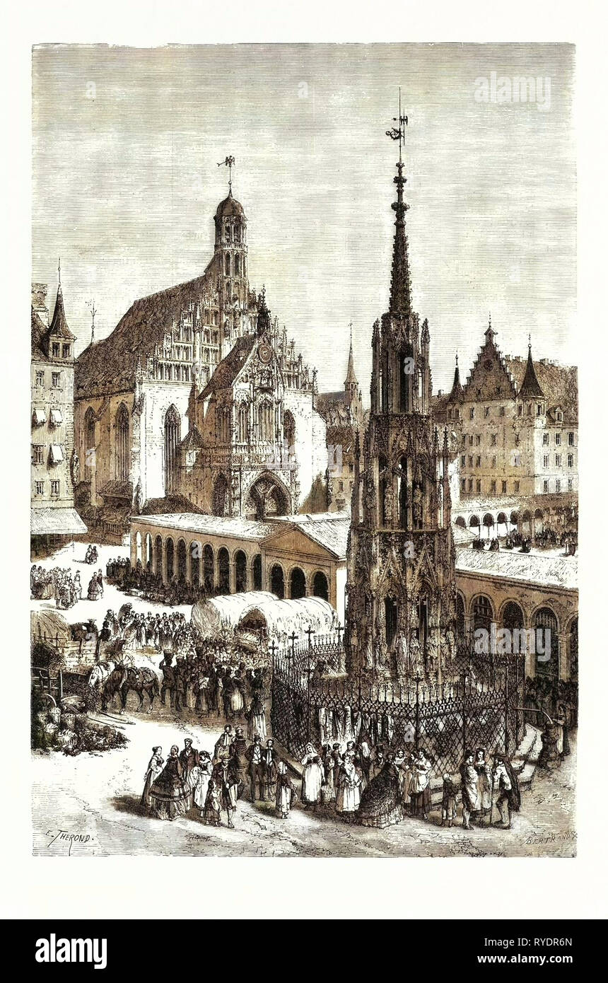Hackens Brunnen et l'église Frauenkirche, Nuremberg, Allemagne. Une ville dans le Land allemand de Bavière Banque D'Images