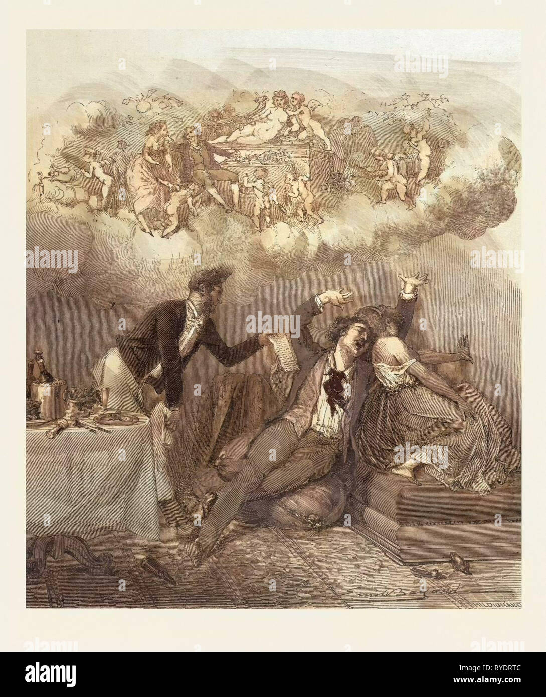 Partie dans le Pays de Cocagne, dans le pays d'Abondance, par Emile Bayard, 1837-1891, France. Nourriture et boissons, Homme, Femme, Table, bouteilles, verres, assiettes, l'amour, le chant, Liszt Archive Gourmet Banque D'Images