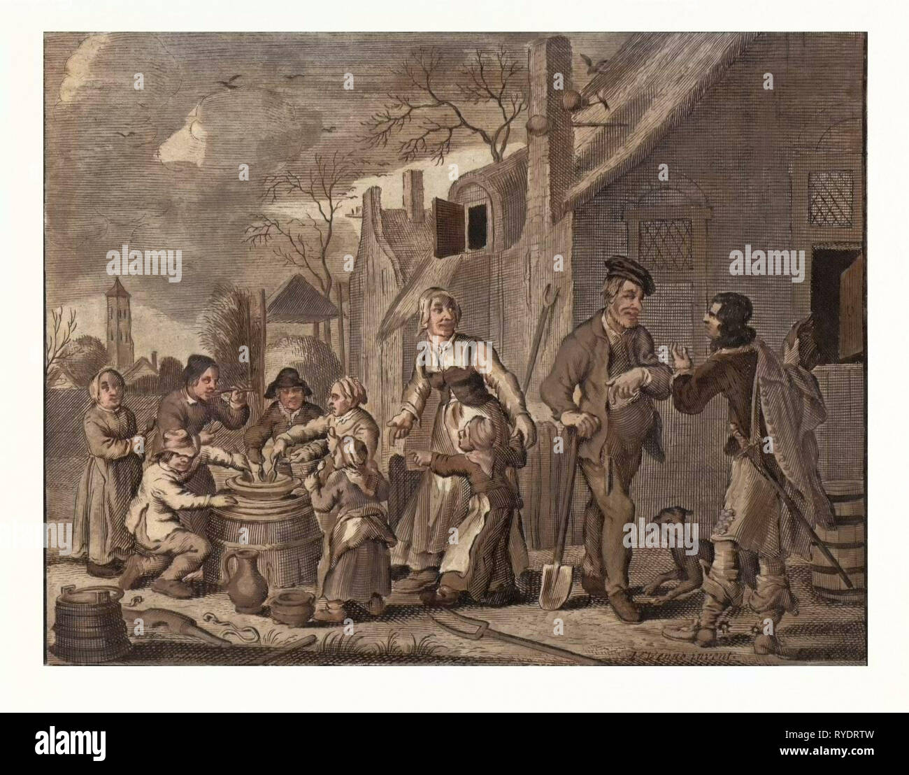 Manger en plein air. À partir de la gravure de 1620. Nourriture et boissons, homme, femme, enfant, Baril, Dish, cuillères, manger, maison, vêtements traditionnels, 17ème siècle, ferme, Liszt Archive Gourmet Banque D'Images