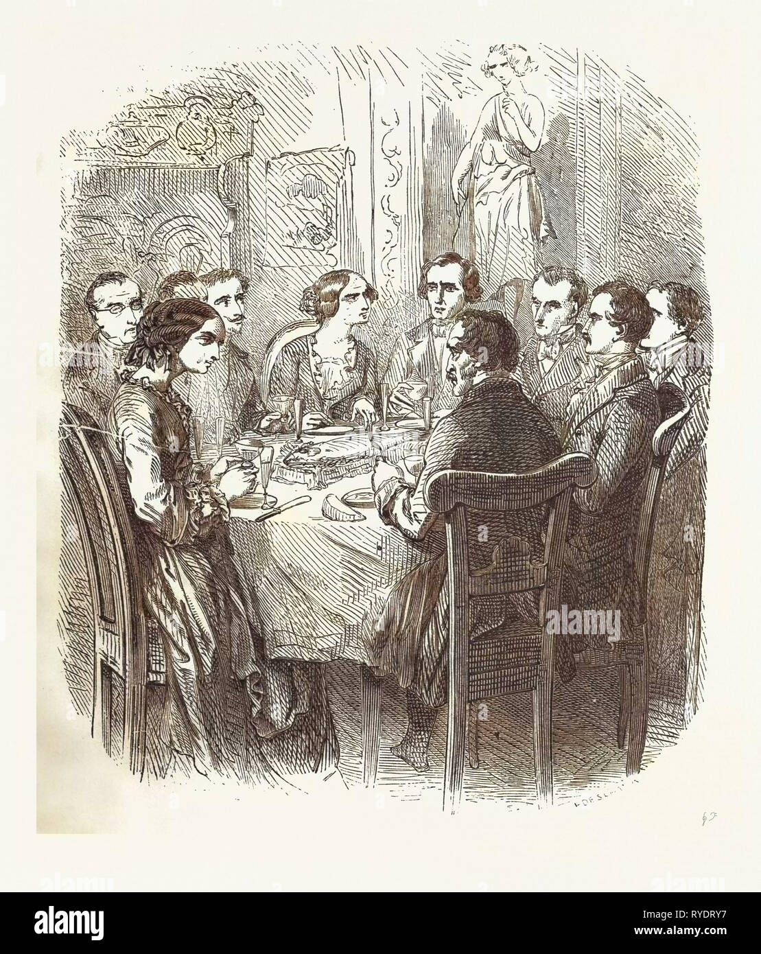 Le dîner, le comte de Monte Christo Alexandre Dumas, 1844, roman historique, d'aventure, roman de fiction, Fiction, vin, Verre à vin, alcool, boissons, Liszt Archive Gourmet, 19e siècle, Champane, verre à champagne, poisson, Table, les gens, parler, flûte à champagne, verre, tige Coupé Champagne, Champagne Soucoupe Banque D'Images