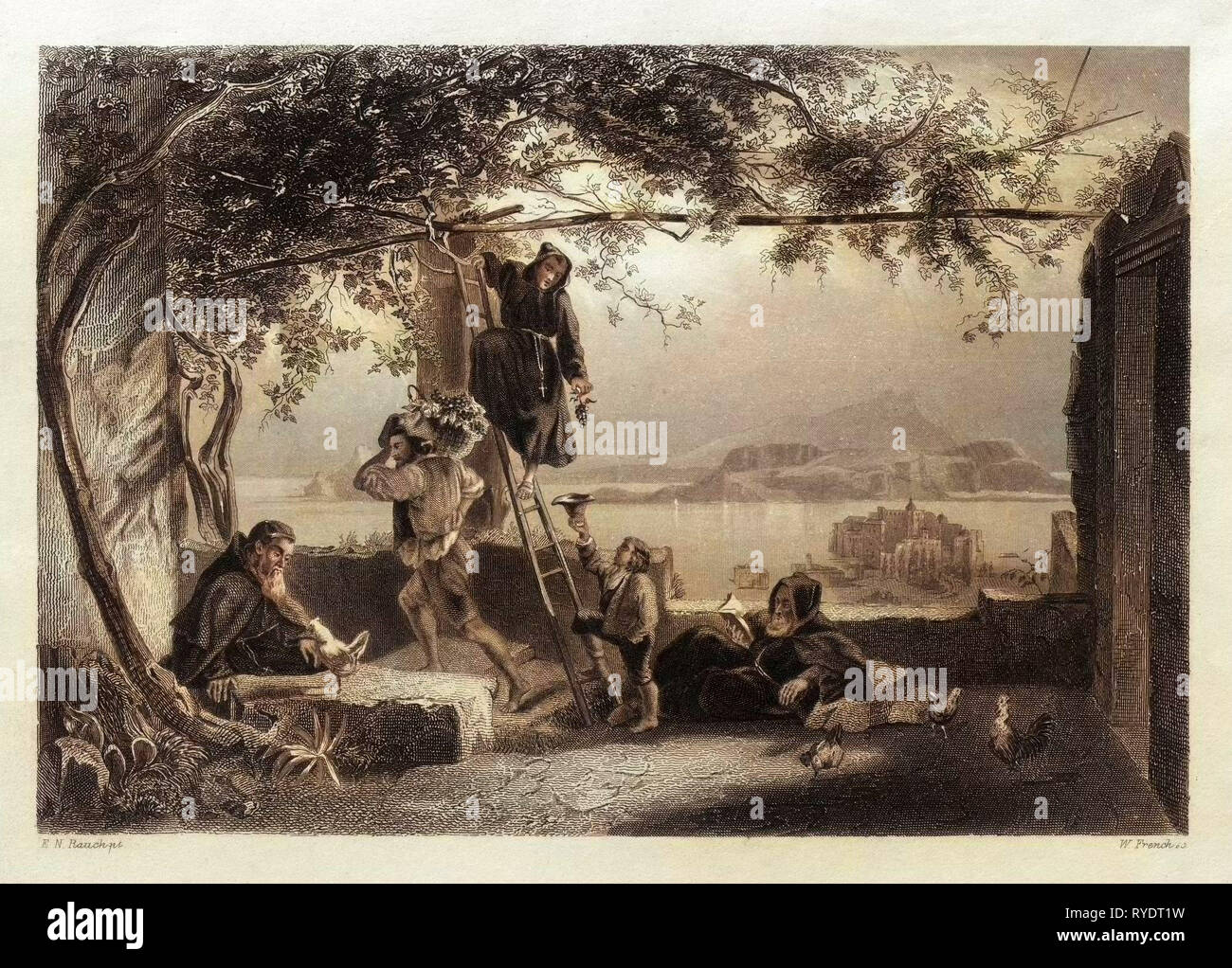 Le Golfe de Baiae. Baiae ou Baia est de la commune de Bacoli dans la région Campanie en Italie. Art par E.N. Rauch. La récolte des raisins. Des Moines Lecture, livre, poulet, poulet, Mer, Paysage, Harvest, vigne, raisin, des fruits, du vin, de l'Agriculture, Nature, rural, de la viticulture, la Cave, mûr, Campagne, Paysage, Panoramique, moine, traditionnelle, l'homme, Robe, homme, personne, la spiritualité, prêtre, la méditation, les gens, spirituel, catholique, christianisme, Nourriture et boisson, Liszt Archive Gourmet Banque D'Images