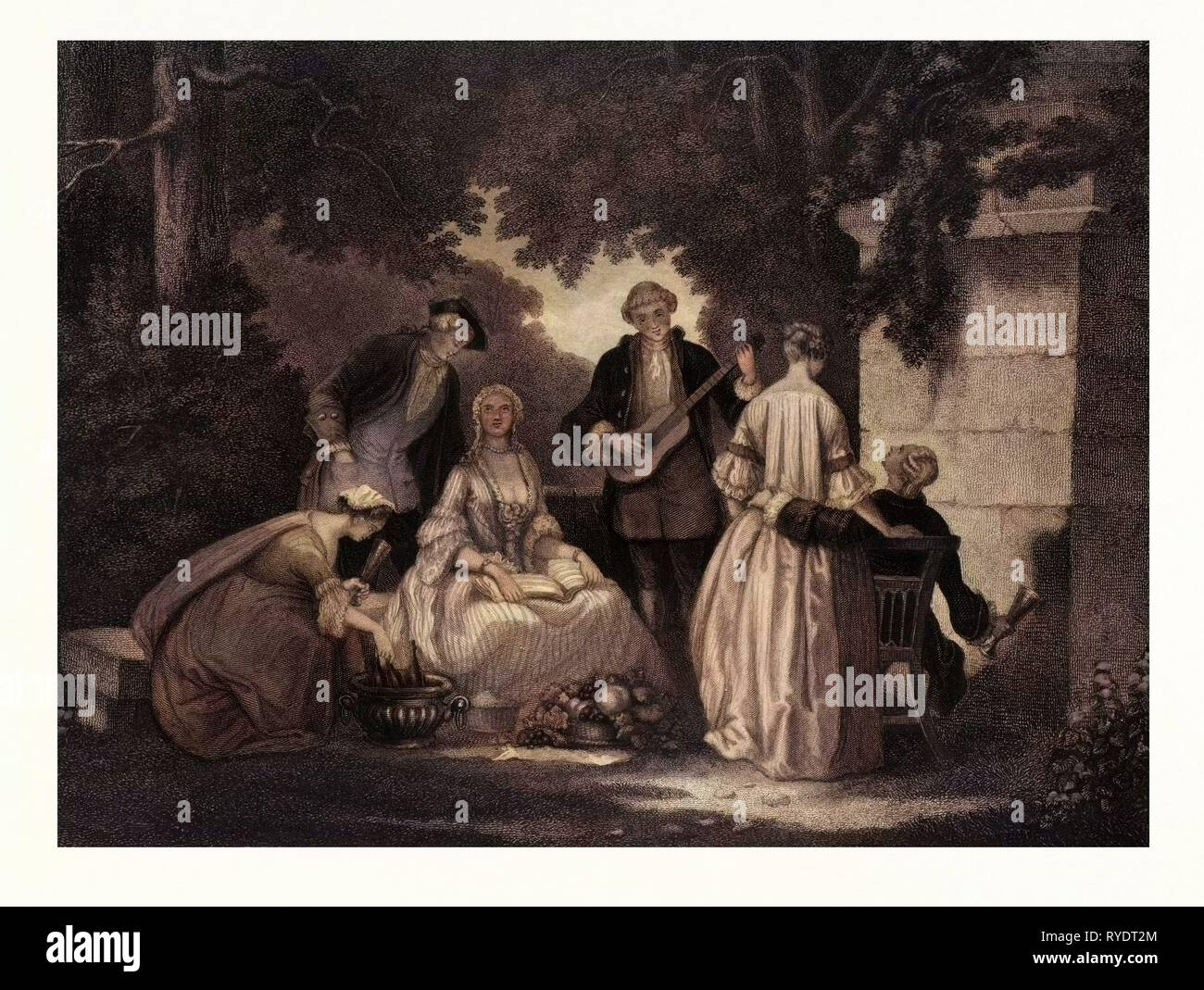 Le vin, la musique, Party, dans le jardin, des bouteilles de vin, des raisins, corbeille de fruits, instrument de musique, 19e siècle, Liszt Archive Gourmet Banque D'Images