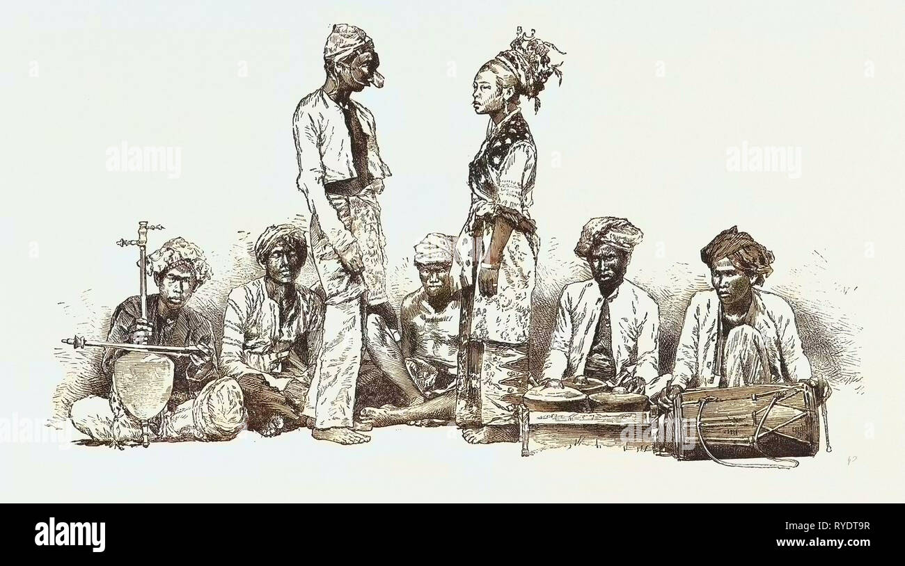 Les types de musiciens et danseurs javanais Gravure 1876 Indonésie Banque D'Images