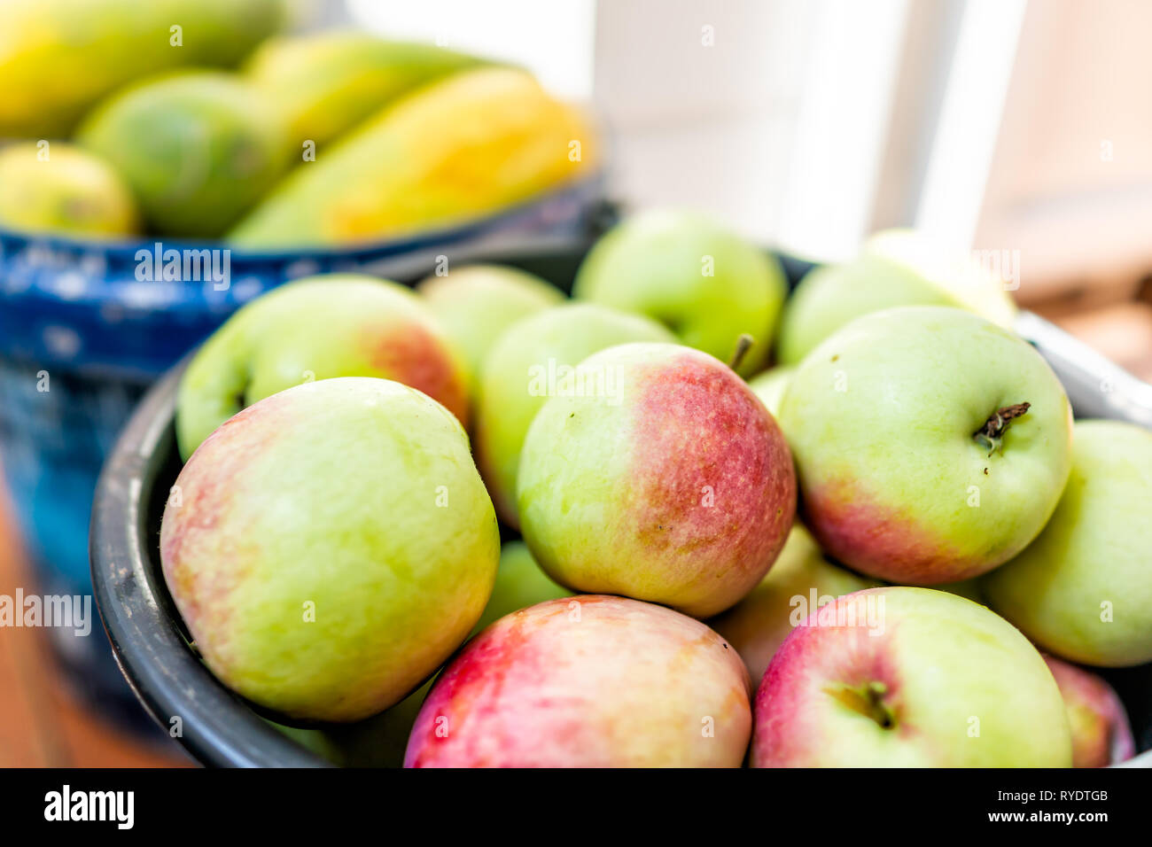 Libre de grands seaux panier rempli de vert rouge jardin Orchard pommes et concombres fruit après la récolte Banque D'Images