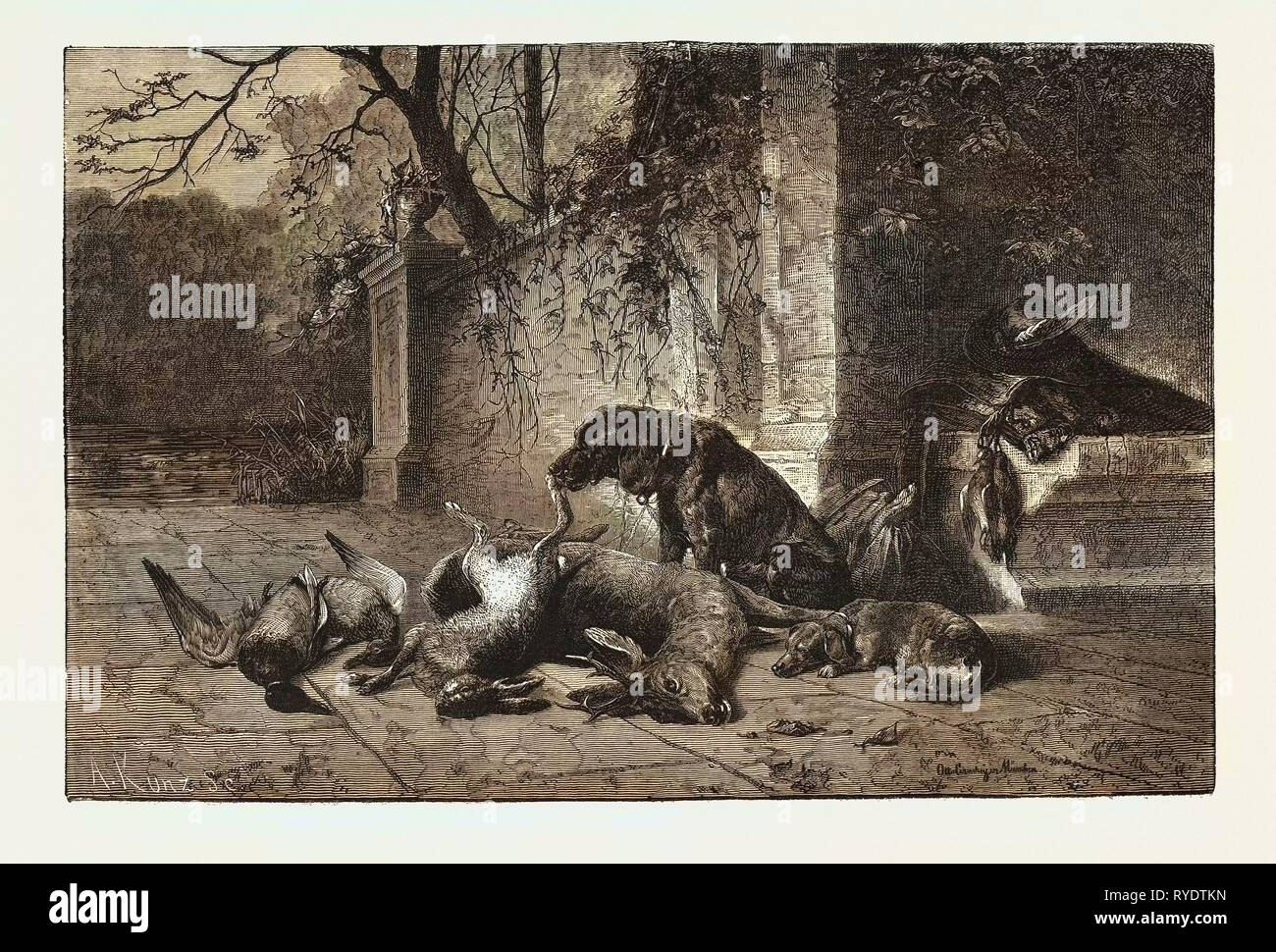 Après la chasse, les chiens, les chevreuils, lièvres, canards, gravure 1876 Banque D'Images