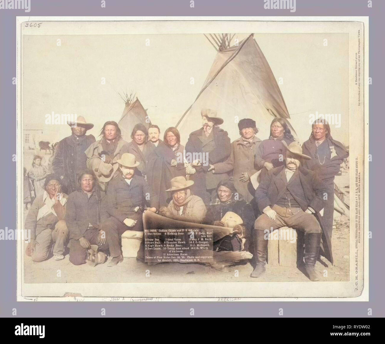 Les chefs indiens et des responsables américains. Deux grève. Crow Dog. Court-circuit et Bull. High Hawk. Deux lances. Des coups de l'ours. Une bonne voix. Thunder Hawk. Rocky Ours. Jeune homme peur de son cheval. Cheval américain. W.F. Cody (Buffalo Bill). Le major J.M. Burk. J.C. Craiger. J. Mcdonald. J.G. D'une valeur. Prises à Pine Ridge Banque D'Images