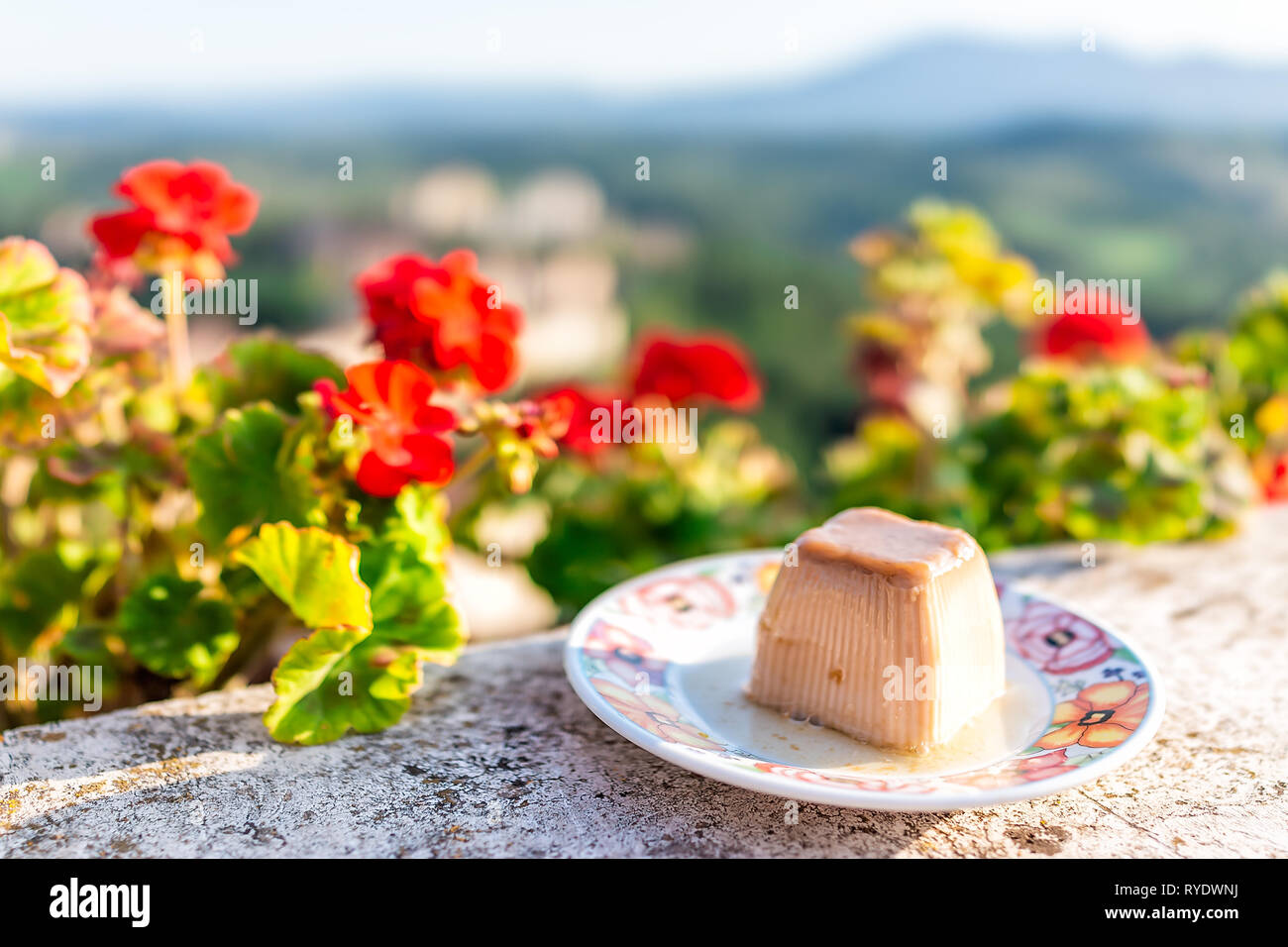 Gros plan du panna cotta dessert sucré sur balcon terrasse par l'extérieur  de fleurs rouge en Italie avec vue en Toscane Chiusi Photo Stock - Alamy