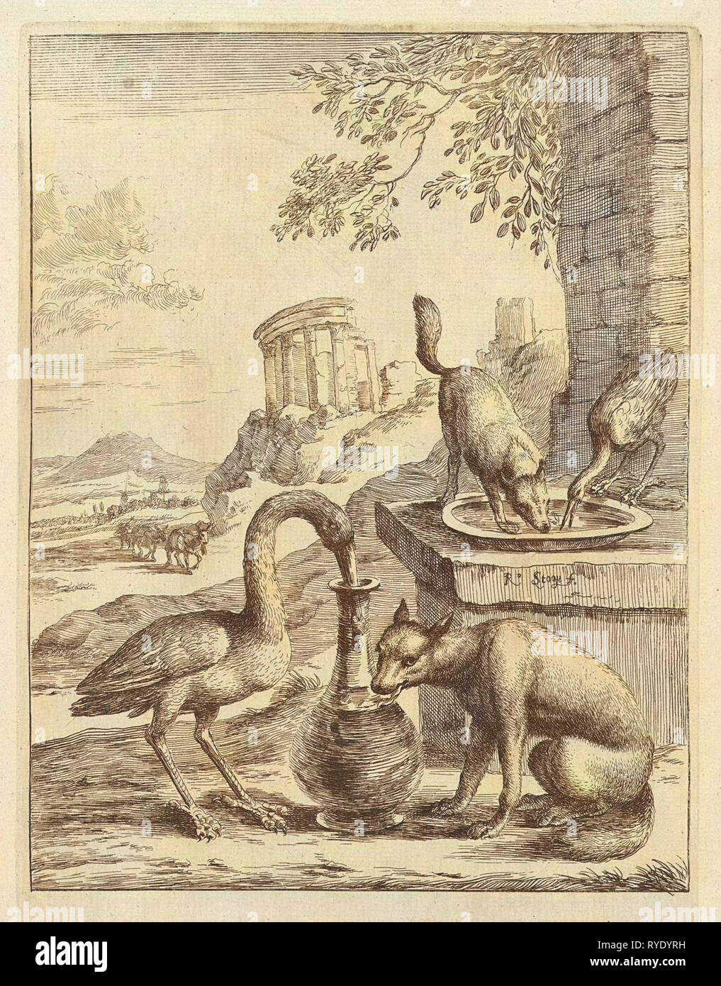 Fable de la Fox et de la grue, Dirk Stoop, John Catholicus, 1665 Banque D'Images