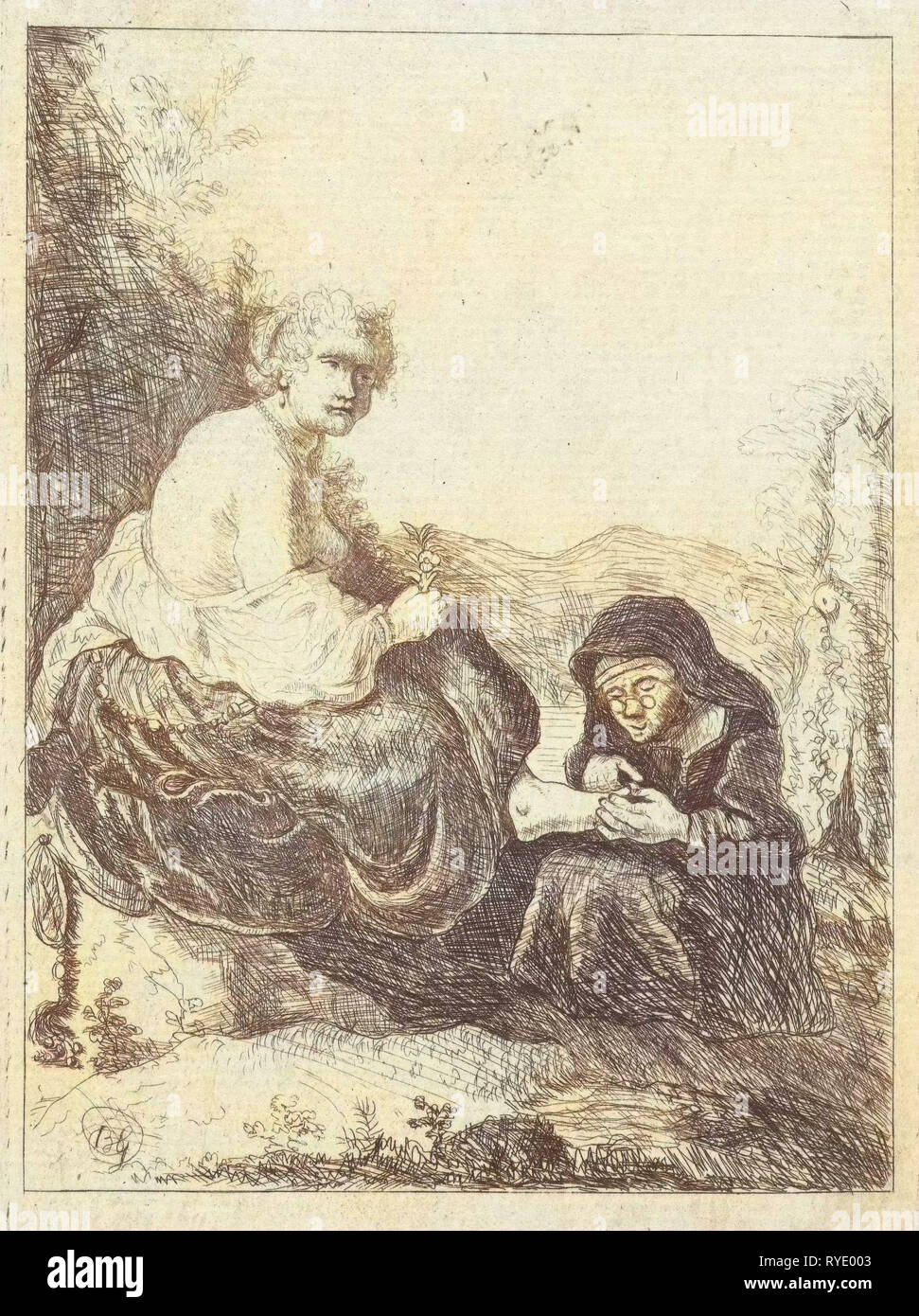 Vieille Femme coupe les ongles des pieds de sa maîtresse, Anonyme, 1700 - 1800 Banque D'Images