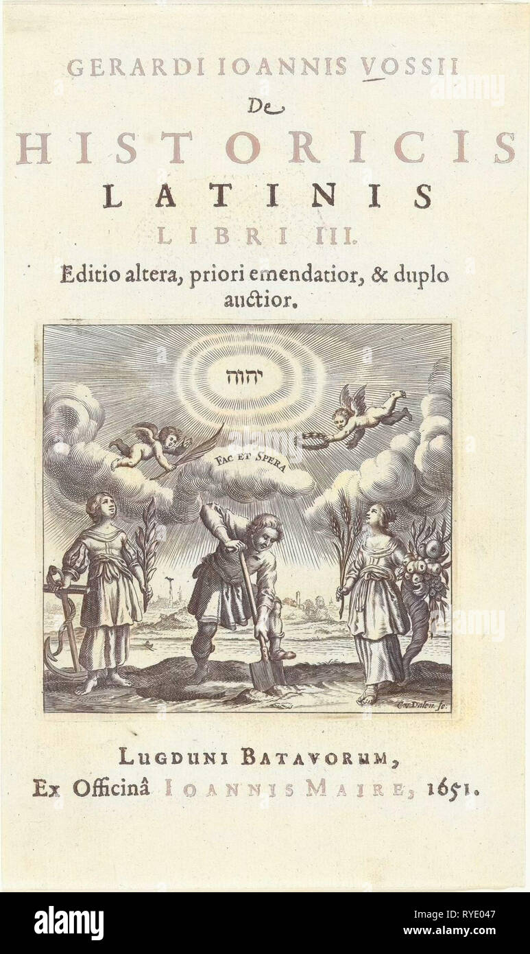 L'homme est titulaire d'une pelle dans la terre se tenant entre personnifications de l'espoir et l'Abondance, Cornelis van Dalen JE Joannes Maire, 1651 Banque D'Images