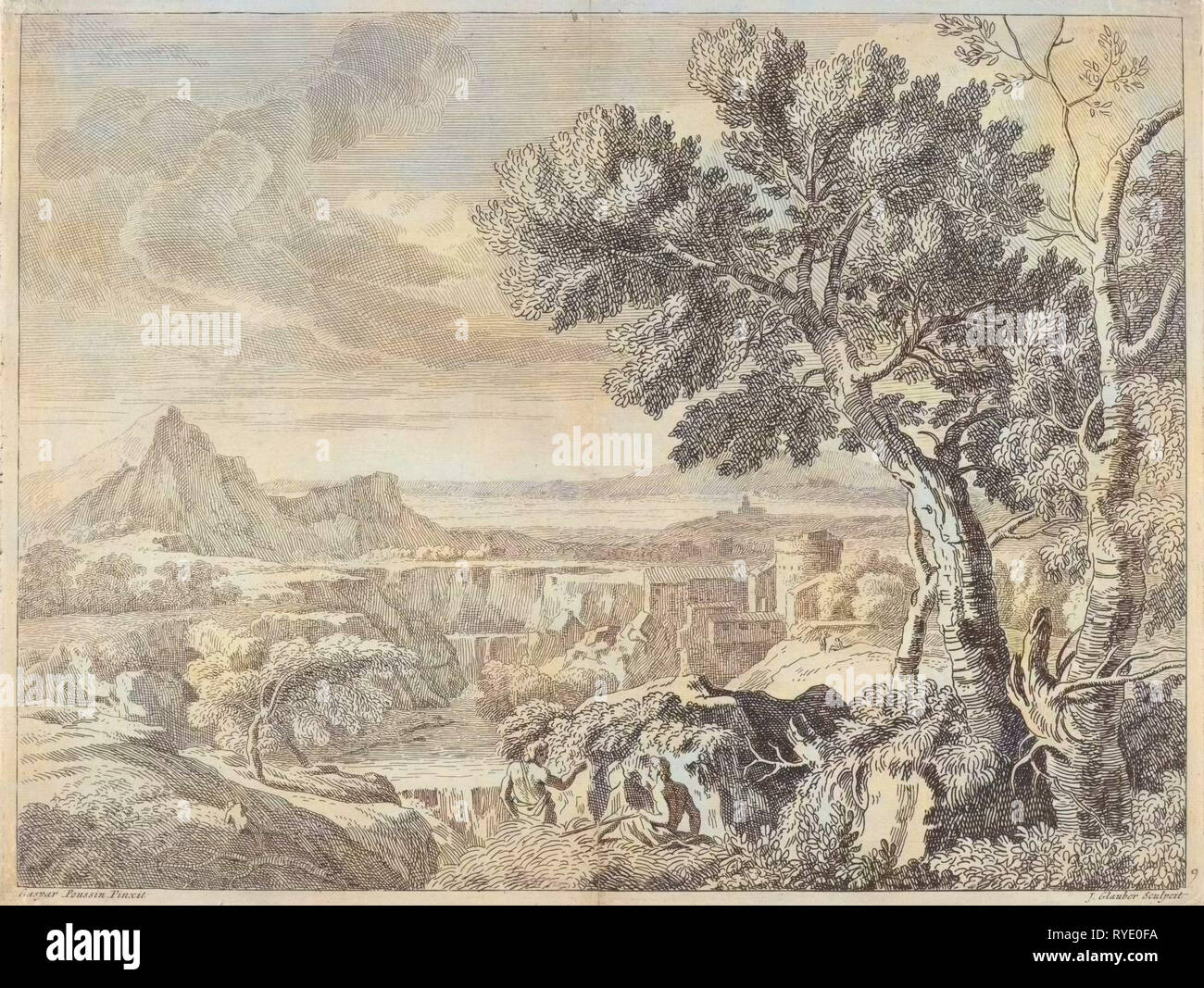 Paysage avec cascade et canyon, imprimer bouilloire : Johannes Glauber, Caspar David Friedrich, 1656 - 1726 Banque D'Images